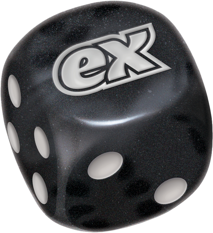 Ein schwarzer Würfel mit weißen Punkten und dem Logo "ex".