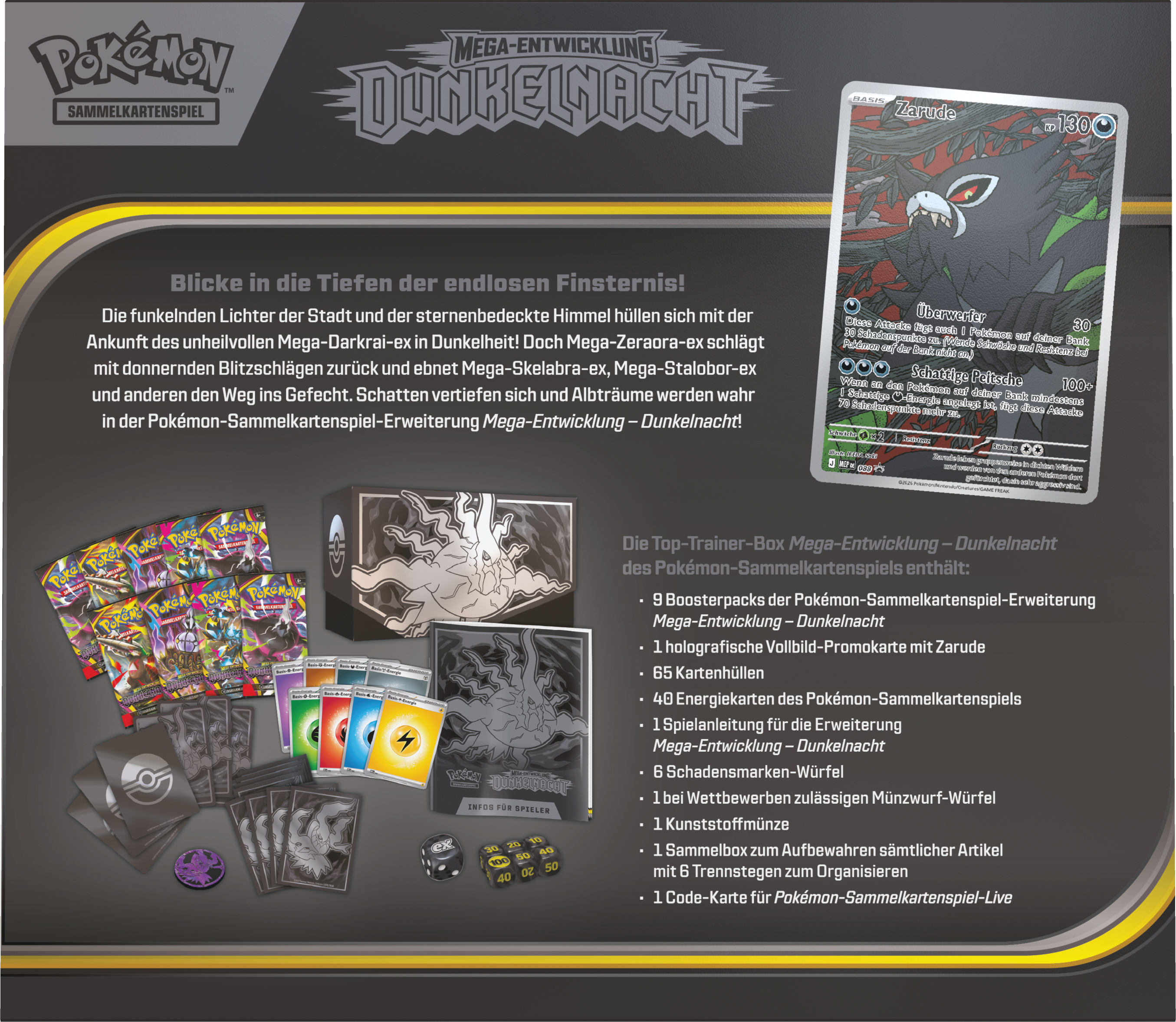 Pokémon Sammelkartenspiel: Mega-Entwicklung Dunkelnacht Top-Trainer-Box mit Zarude-Karte, Boostern.