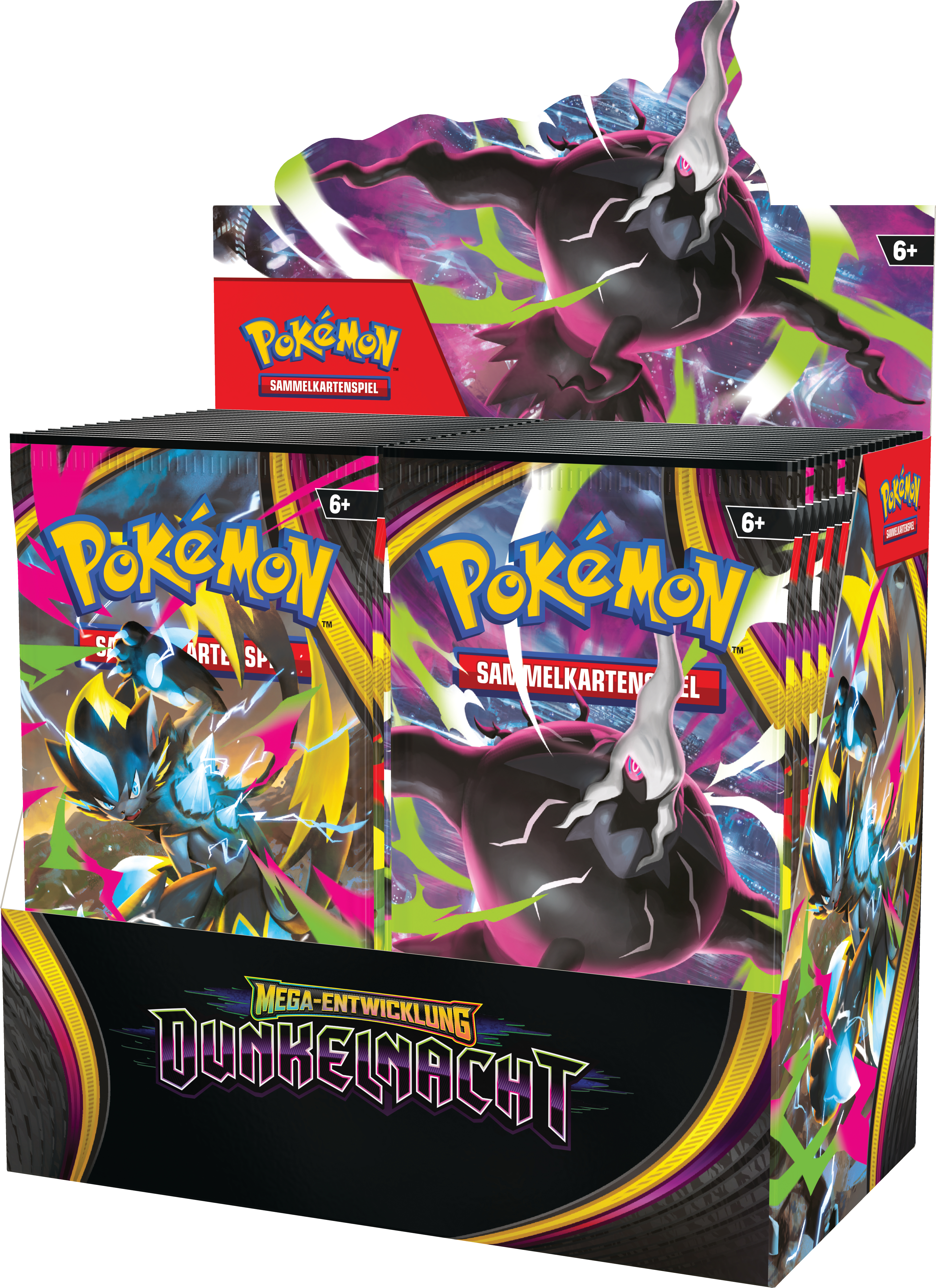 Eine Box mit Pokémon Sammelkarten. Dunkle Kreaturen und bunte Grafiken.