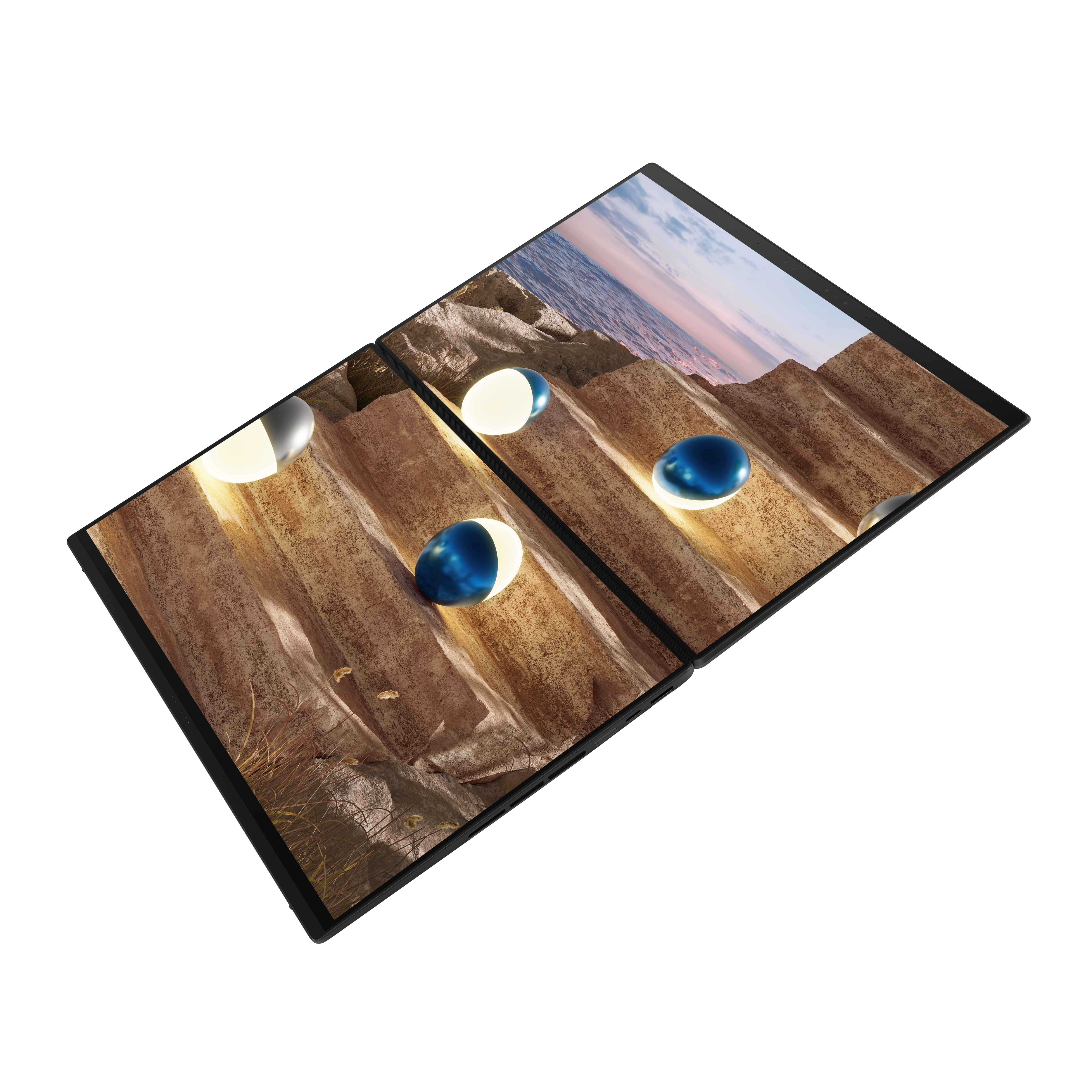 Katlanabilir tablet, parlayan kürelerle deniz kenarında kayalık bir manzara gösteriyor.