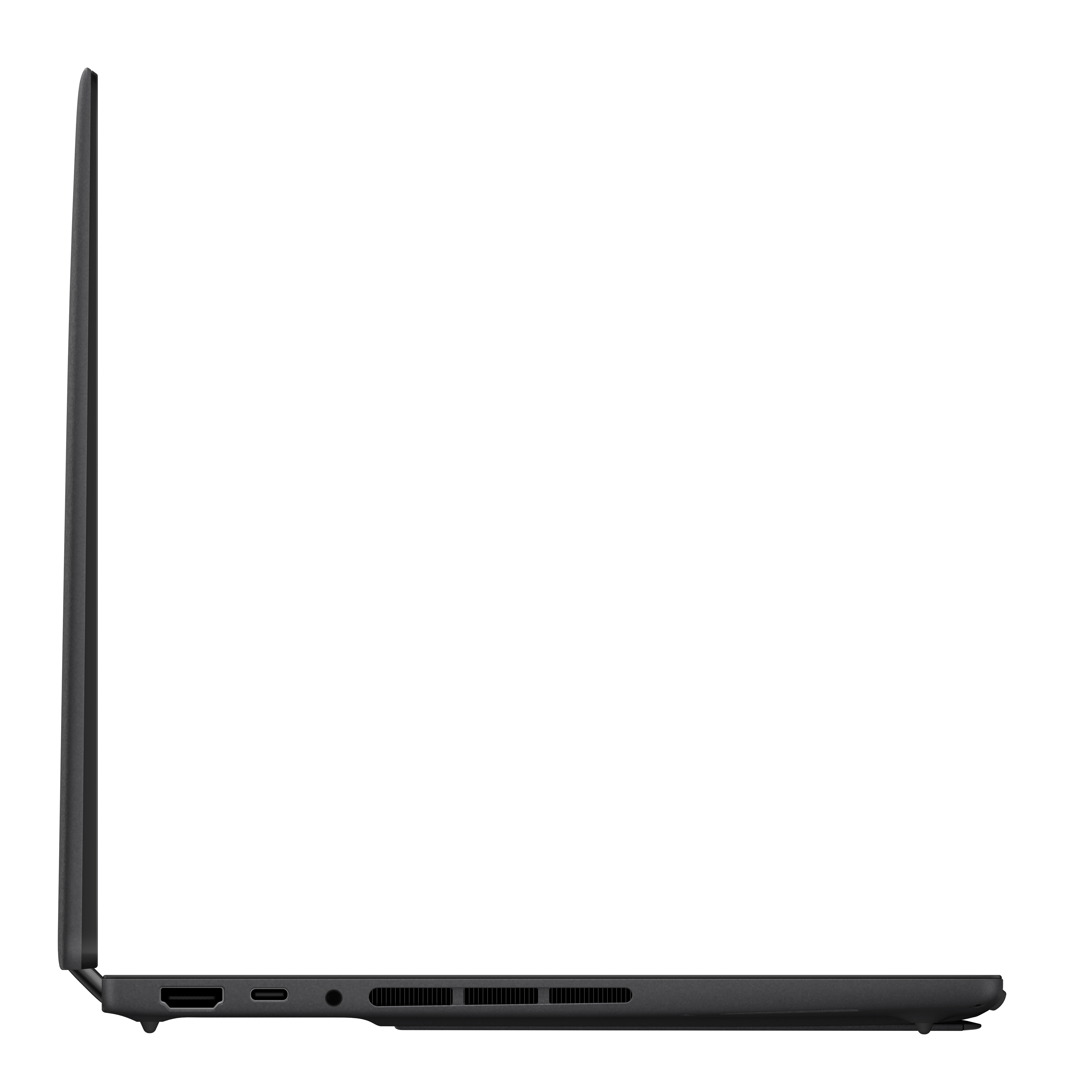 Koyu renkli dizüstü bilgisayarın yan görünümü, bağlantı noktaları: HDMI, USB-C ve kulaklık jakı.