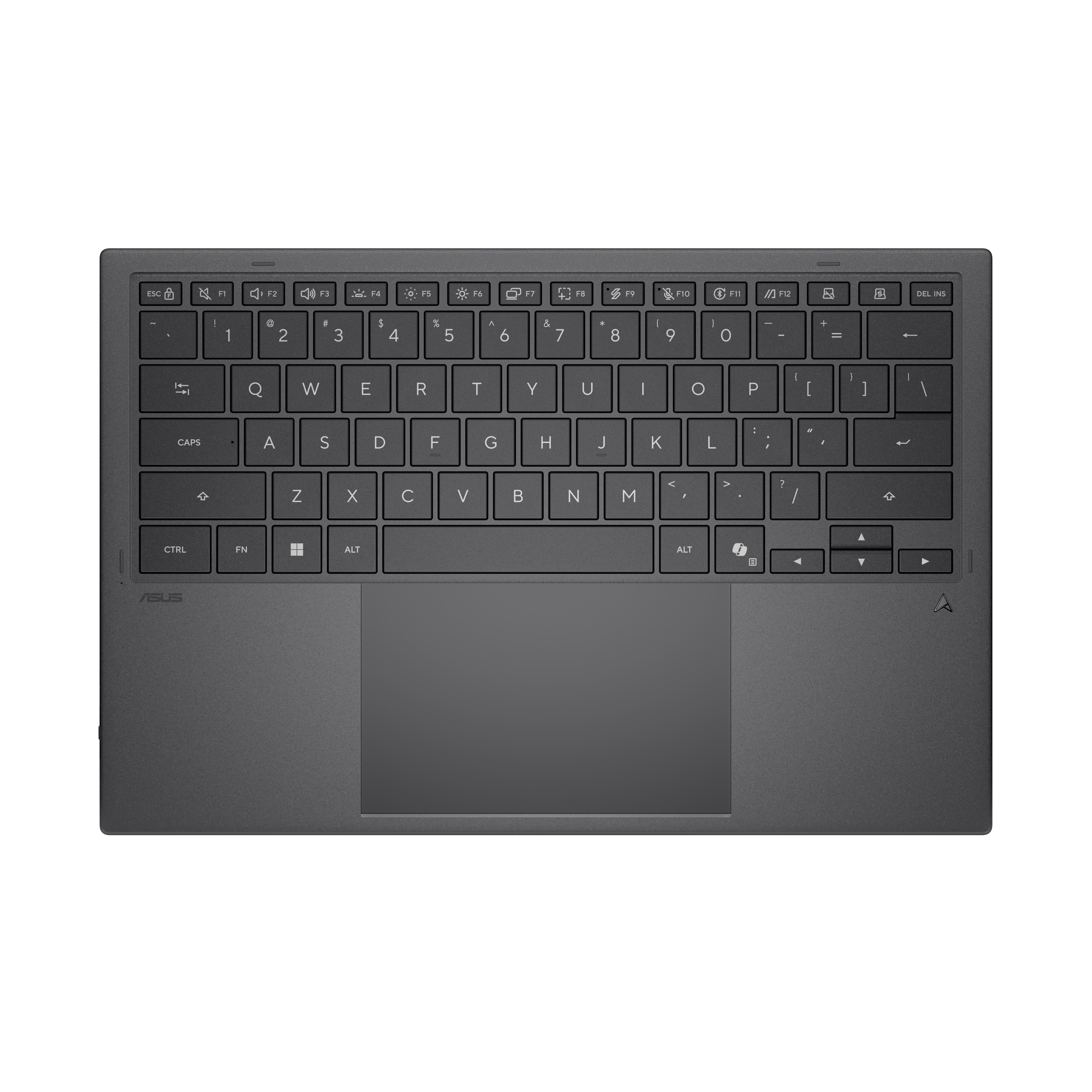 Dokunmatik yüzeyli ve ASUS logolu koyu gri dizüstü bilgisayar klavyesi.