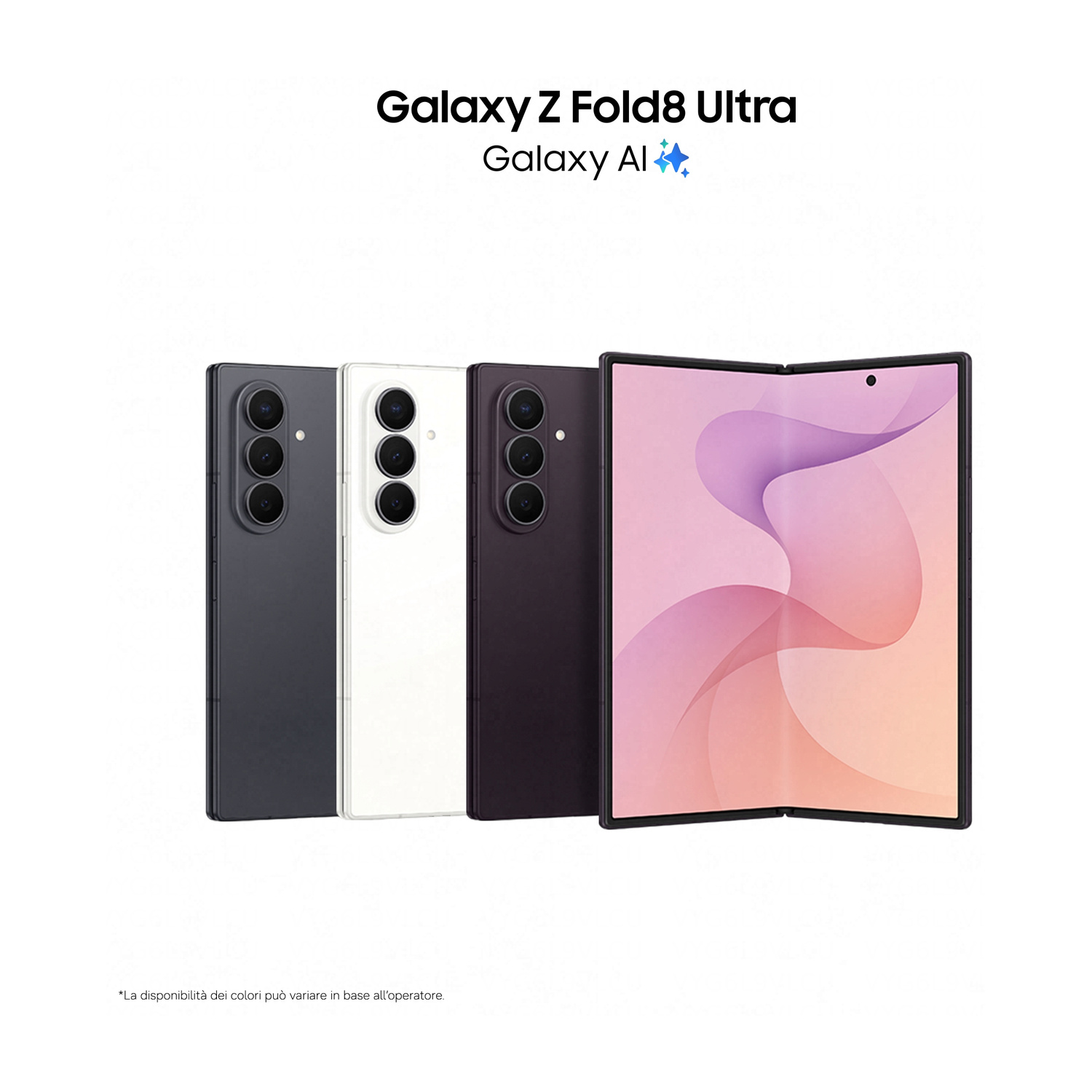 Tre telefoni Samsung Galaxy Z Fold8 Ultra in grigio scuro, bianco e viola. Uno è aperto.