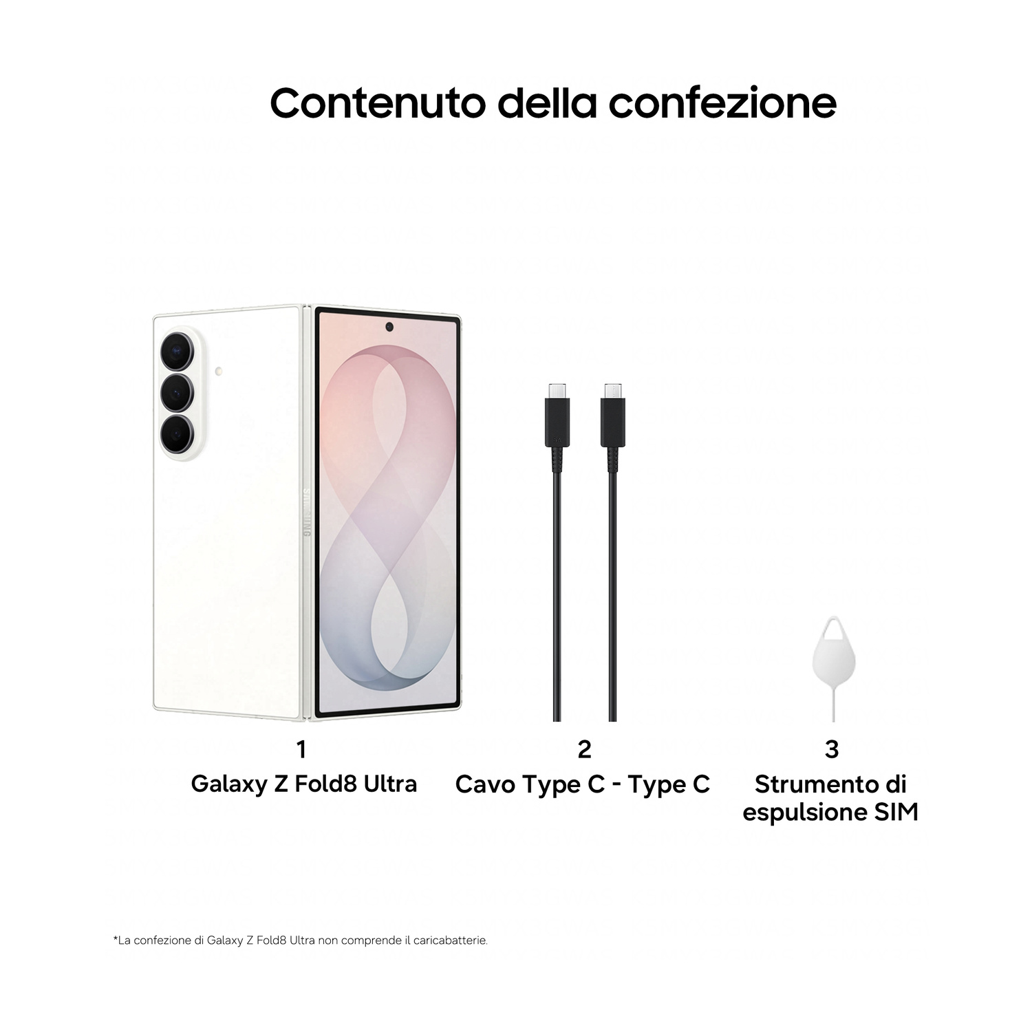 Contenuto della confezione: Telefono pieghevole bianco, due cavi USB-C, strumento SIM.