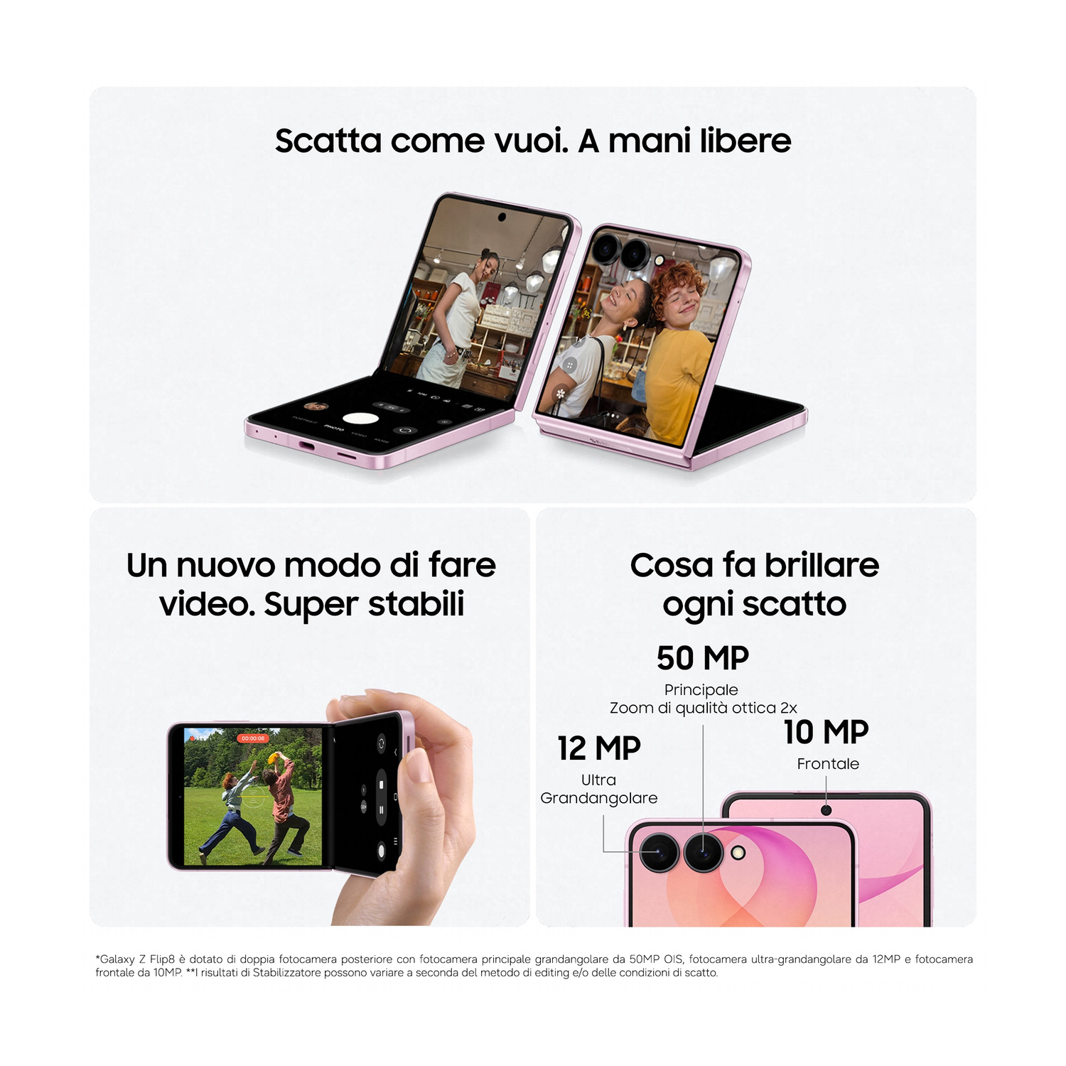 Un telefono Samsung pieghevole rosa mostra foto. Sono elencate le specifiche.