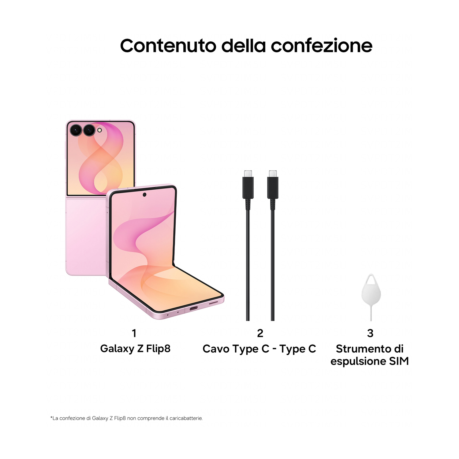 Galaxy Z Flip8 rosa, due cavi USB-C e strumento SIM.