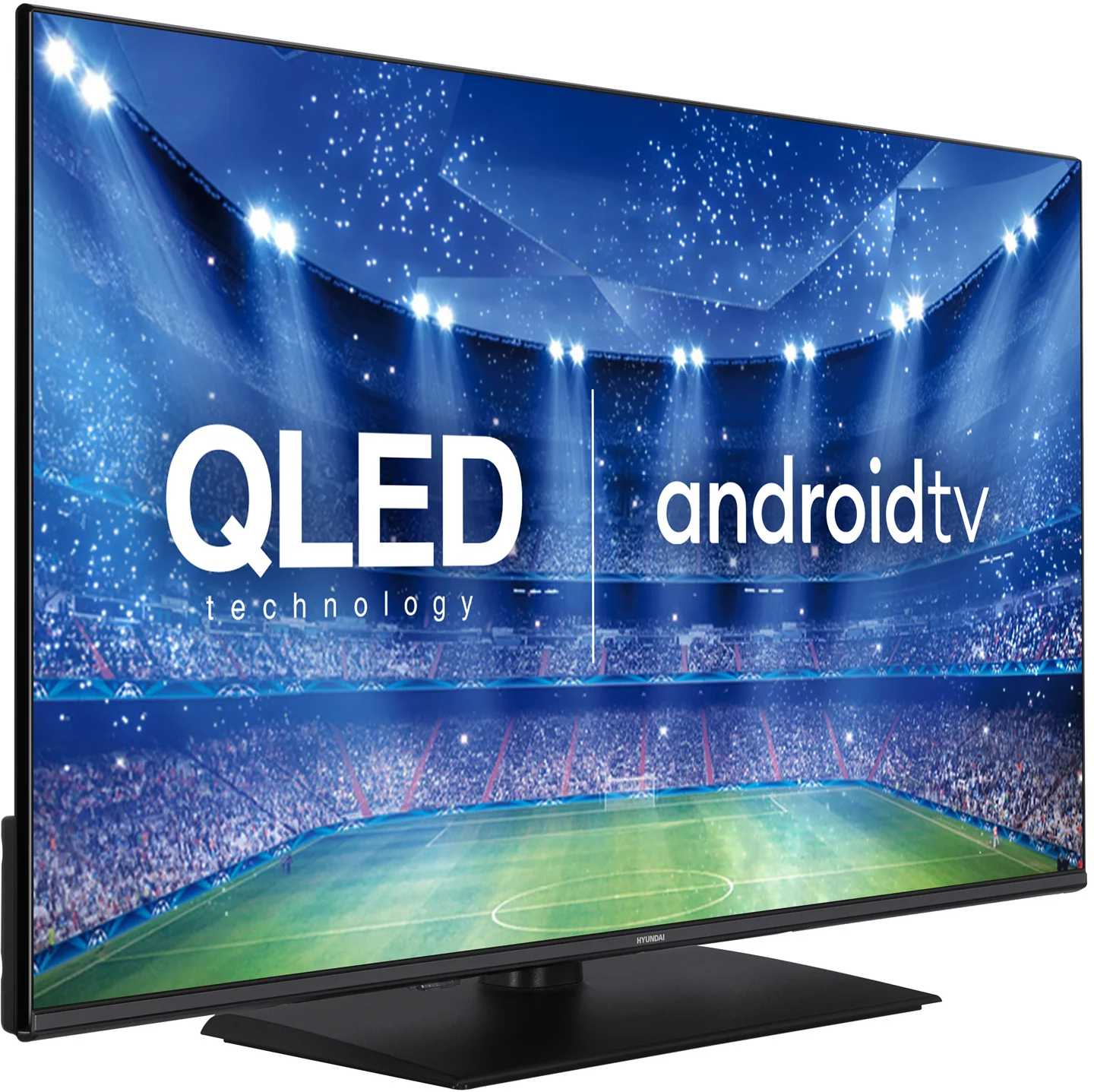 Egy QLED Android TV futballstadiont mutat fényekkel és nézőkkel.