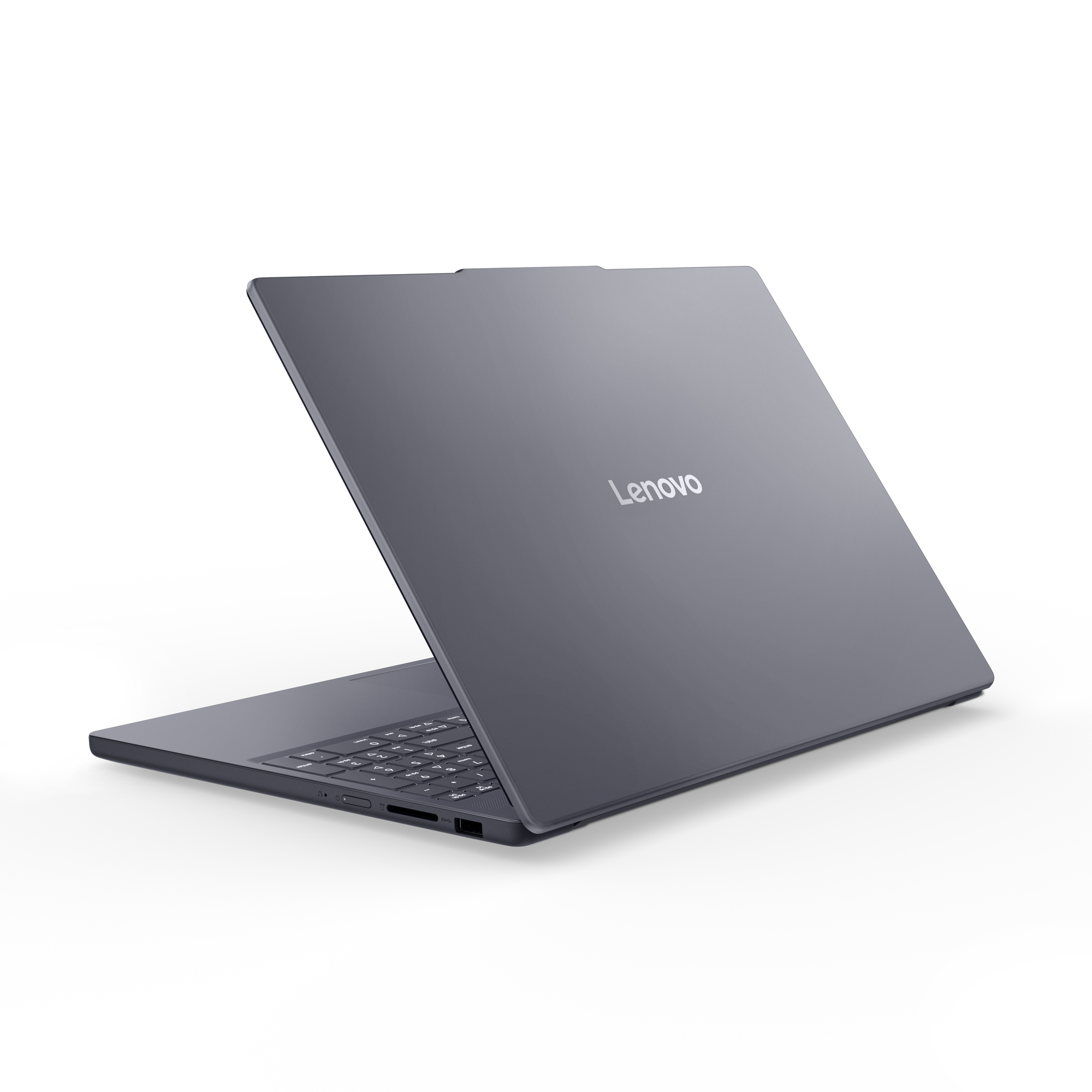 Un laptop Lenovo chiuso, grigio scuro, su sfondo bianco.
