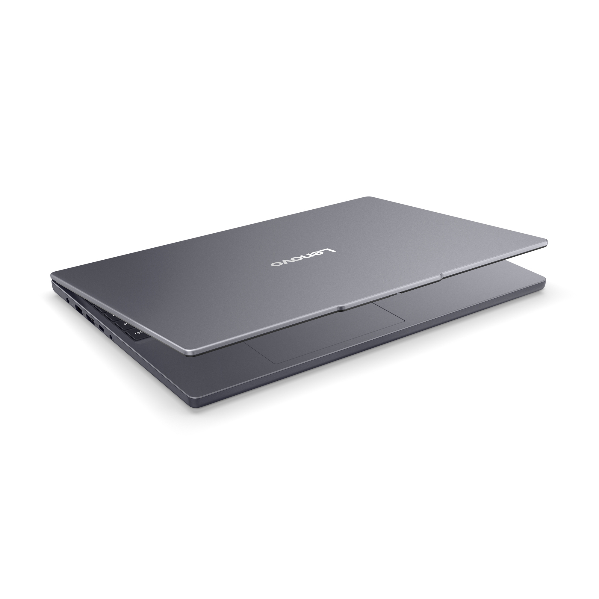 Laptop Lenovo grigio, parzialmente aperto, rivela tastiera e touchpad.