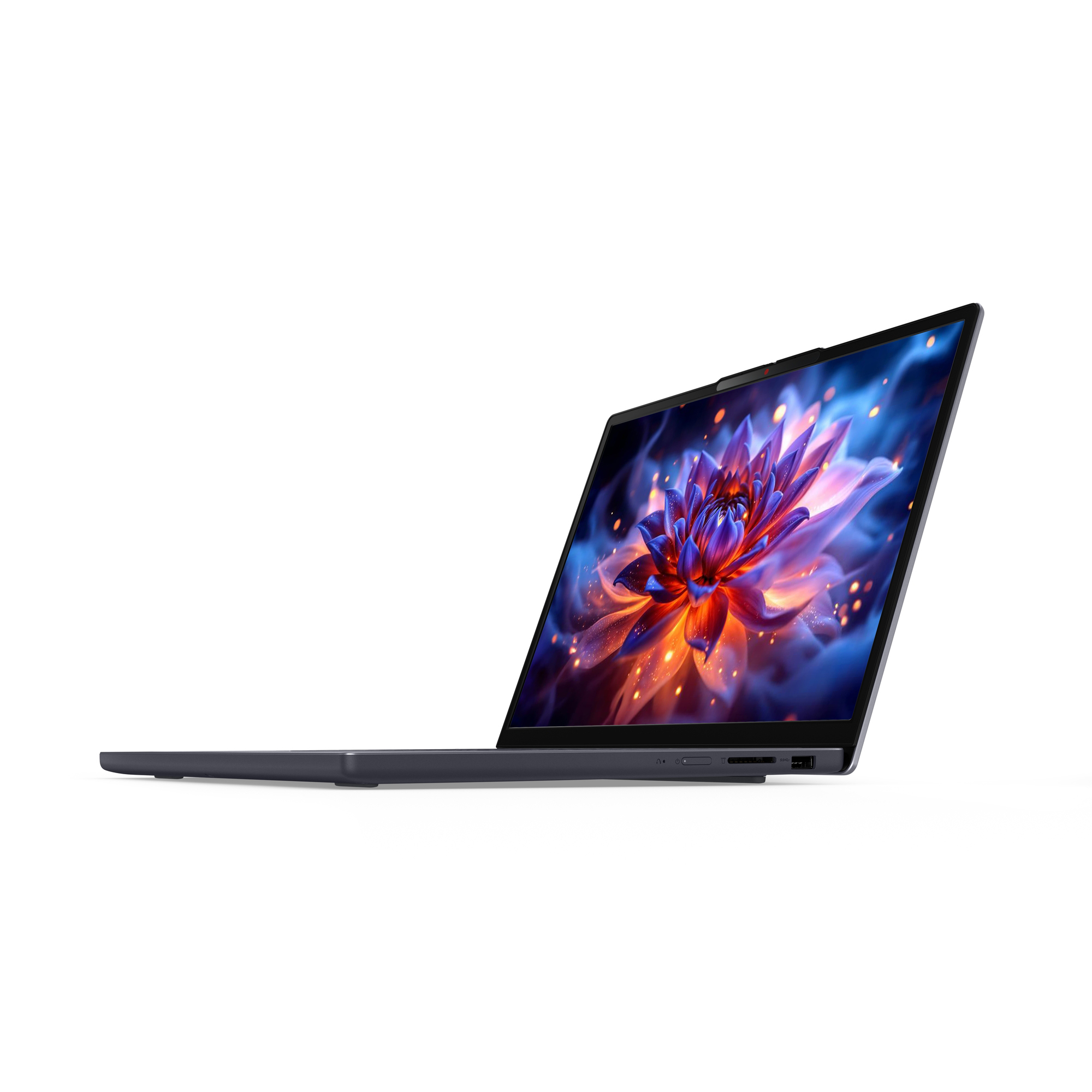 Un laptop scuro con uno screensaver floreale blu e arancione vivace.