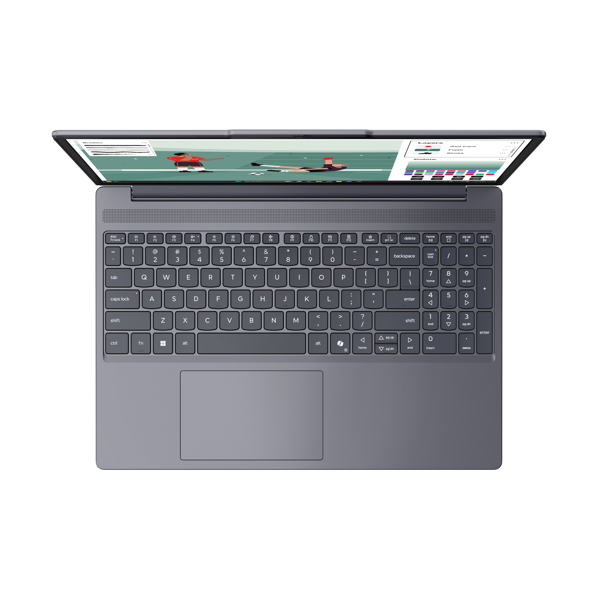 Un laptop aperto che mostra uno schermo di graphic design con giocatori di calcio.