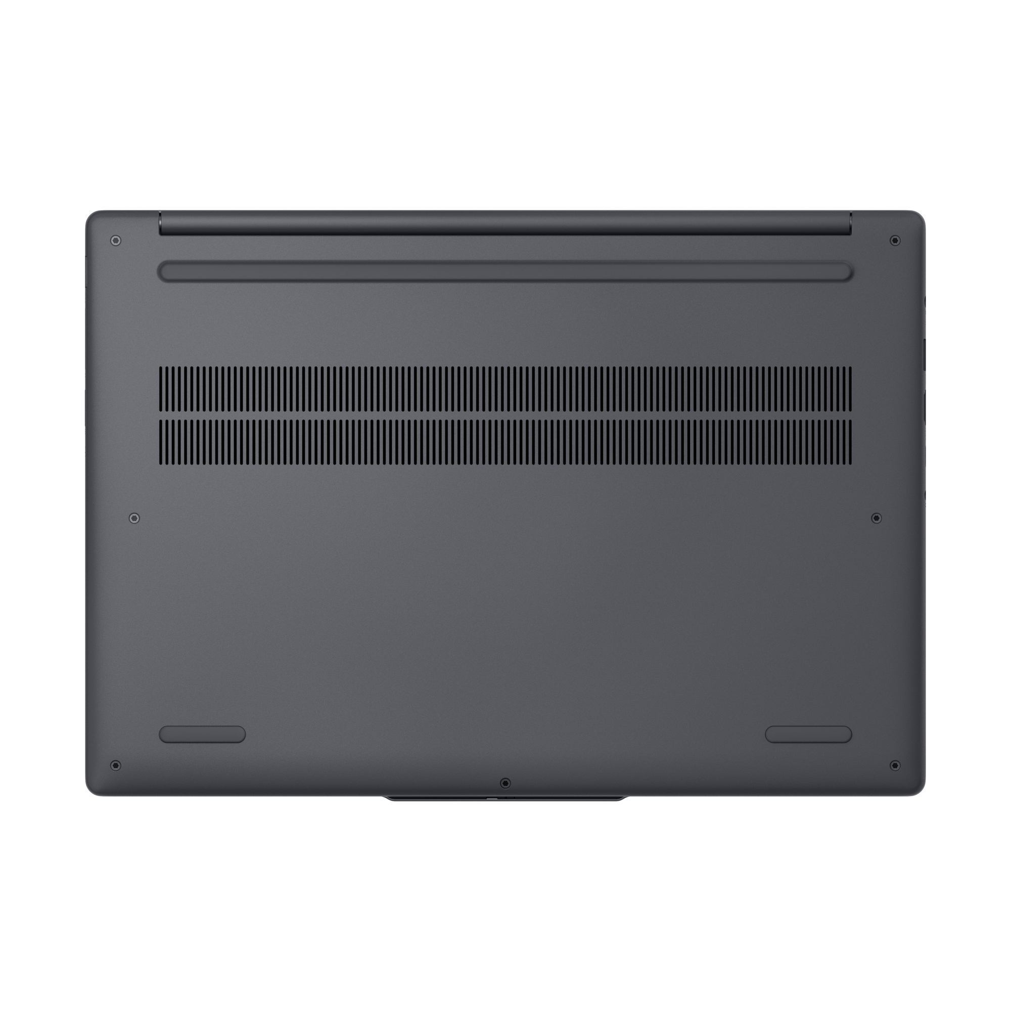 Parte inferiore di un laptop grigio con fessure di ventilazione e viti.