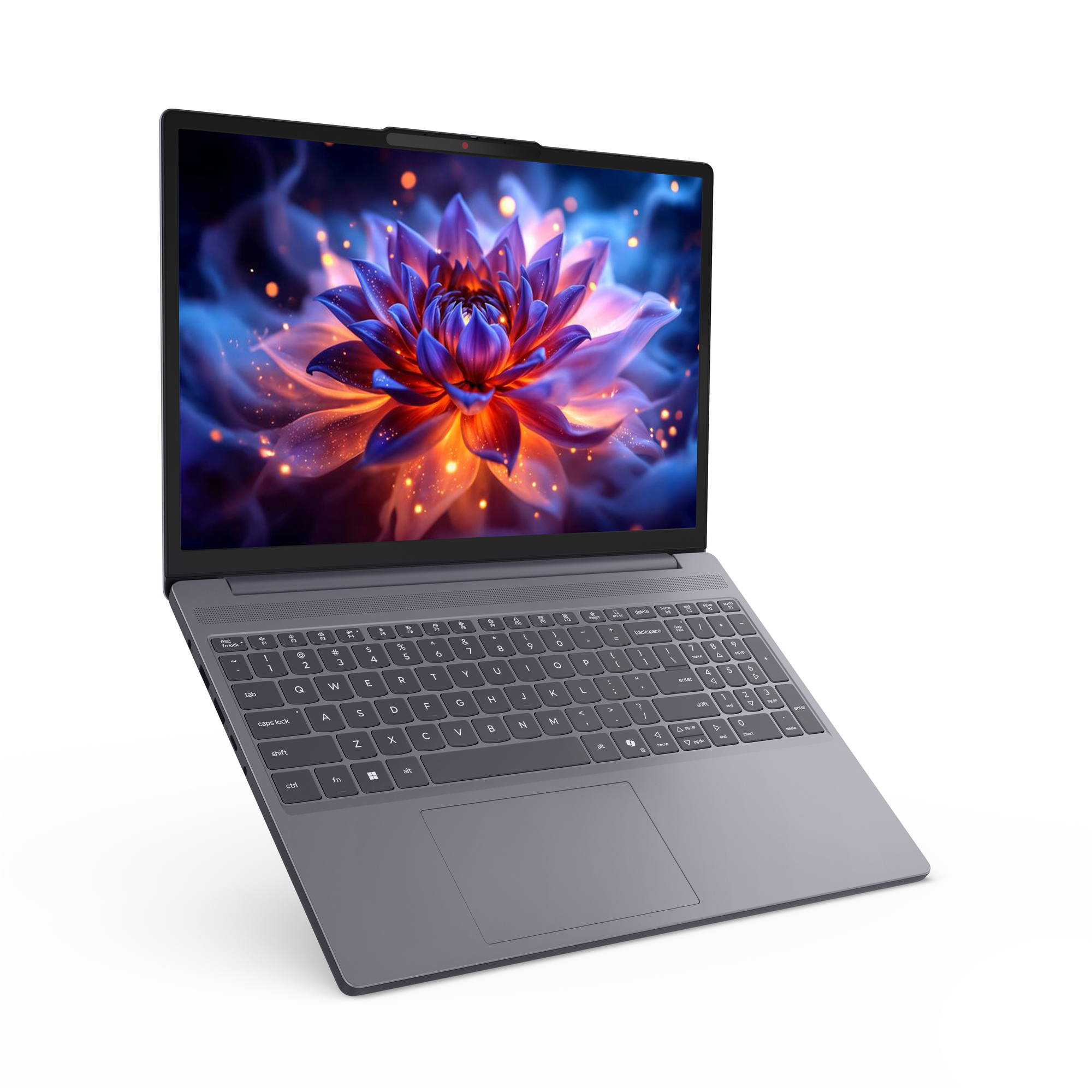 Un laptop grigio con un fiore colorato sullo schermo, isolato su bianco.