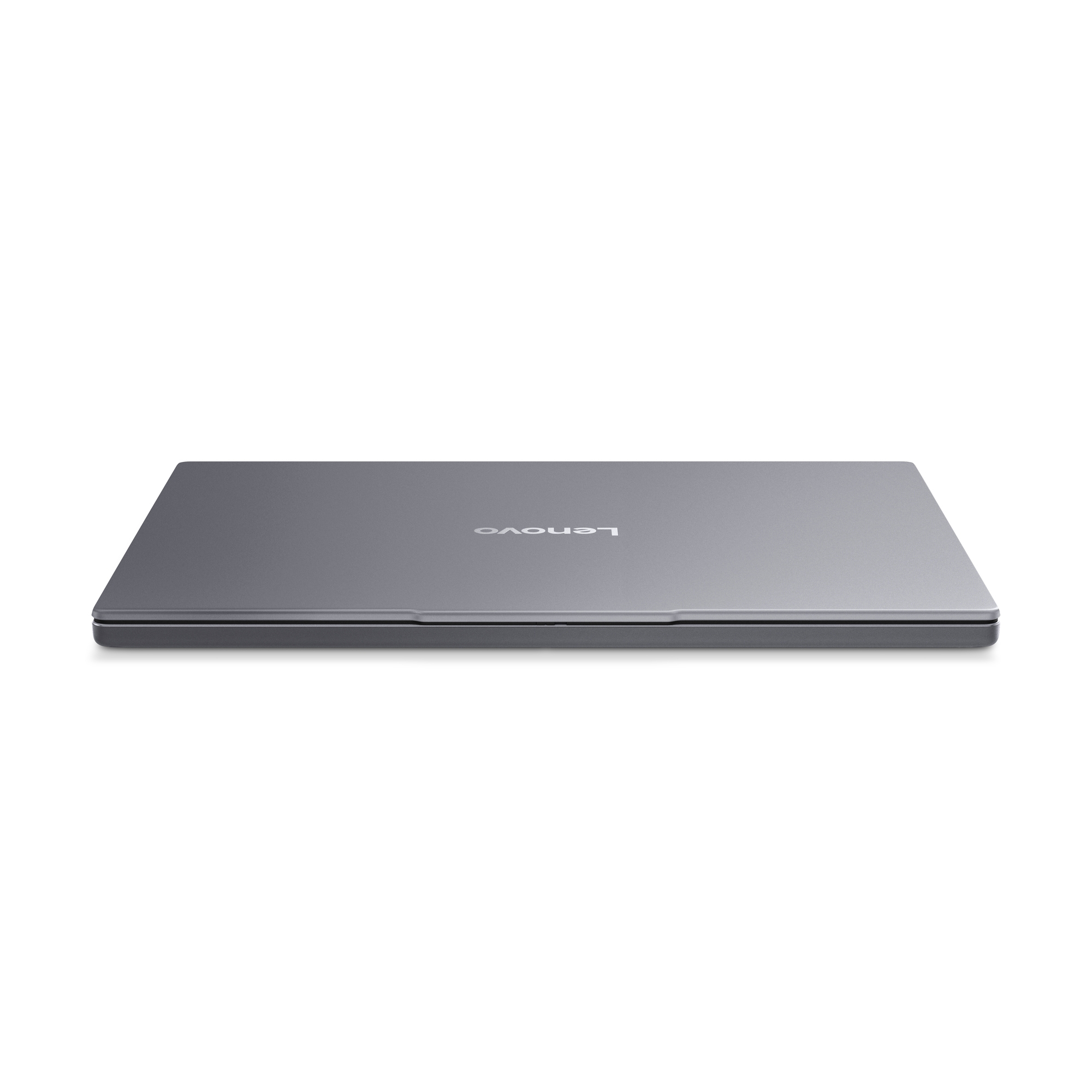 Laptop Lenovo grigio chiuso su sfondo bianco.