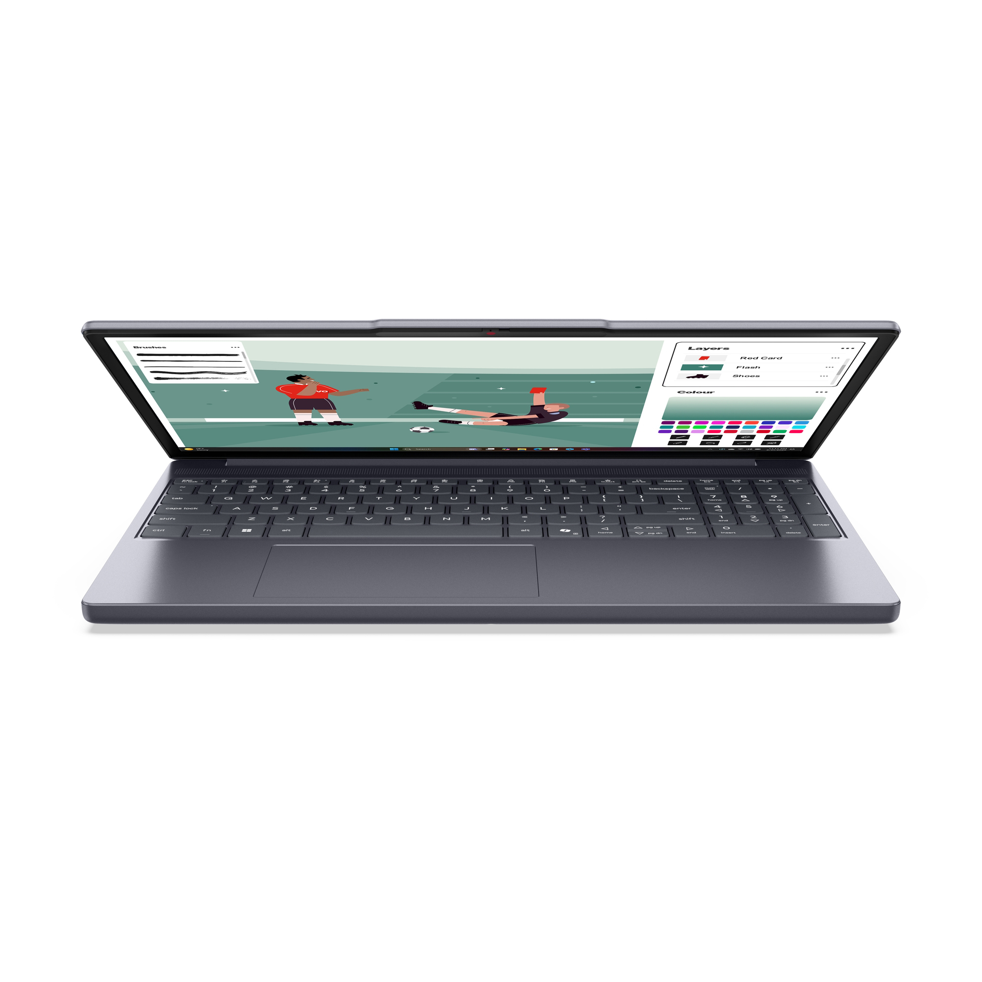 Un laptop mostra un software di grafica con giocatori di calcio e campioni di colore.