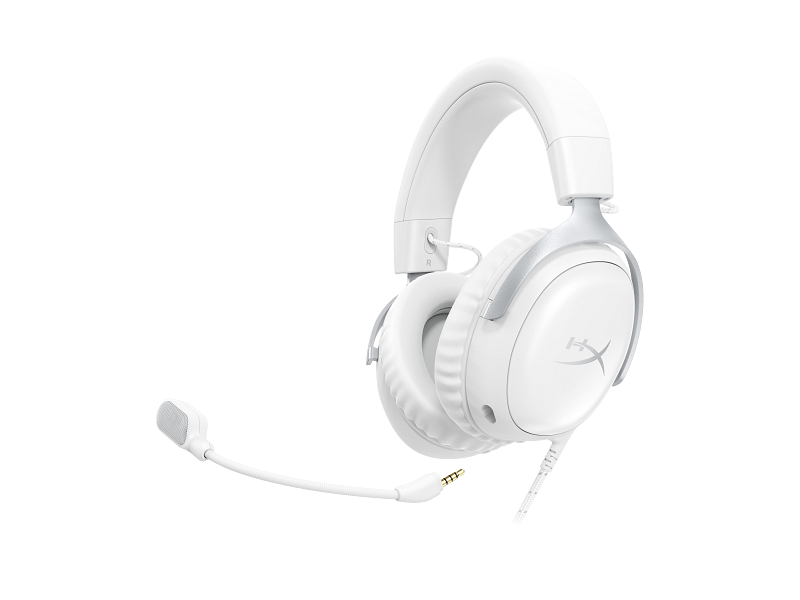 Sağ kulaklıkta HyperX logosu ve mikrofonlu beyaz bir kulaklık.