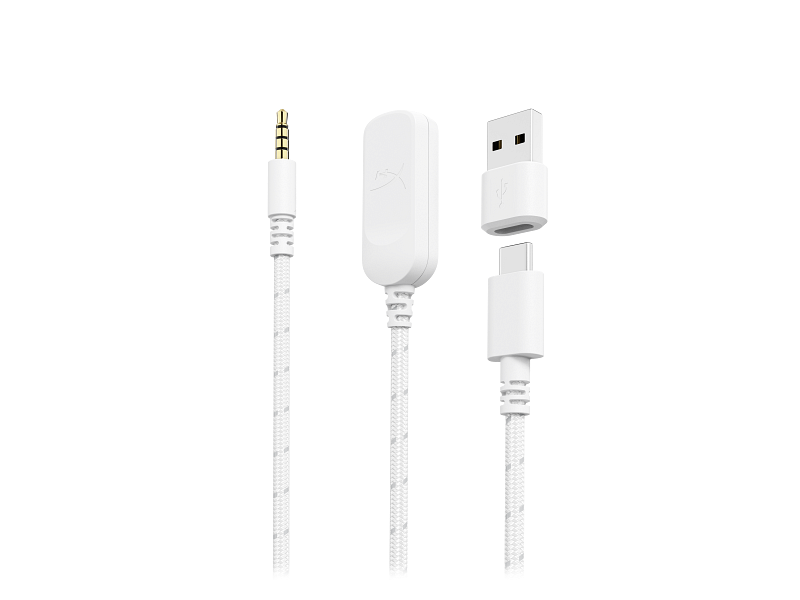 3,5 mm jak, hat içi kontrol ve USB-C/USB-A konektörlü beyaz örgülü kablo.