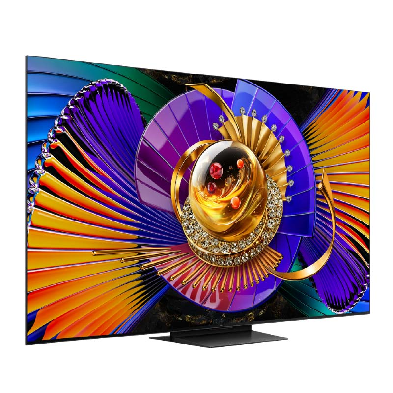 Modern bir TV, altın, mor, mavi ve turuncu tonlarında canlı, soyut bir sanat eseri sergiliyor.