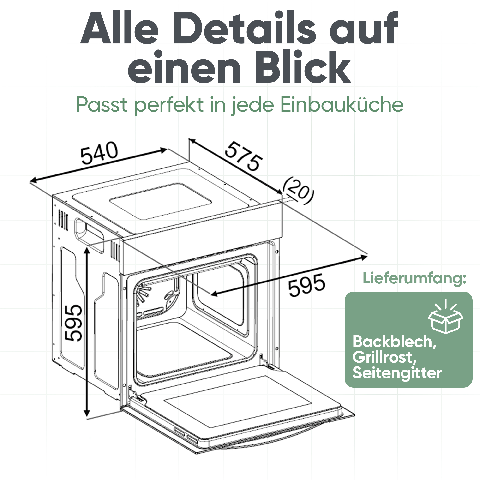 Diagramm eines Ofens mit Maßen 540x575x595. Inklusive Zubehör.