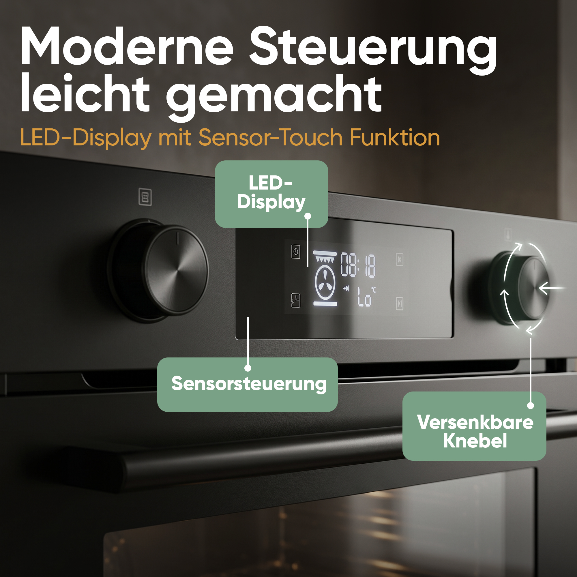 Moderner Backofen mit LED-Display, Sensorsteuerung und versenkbaren Knebeln.