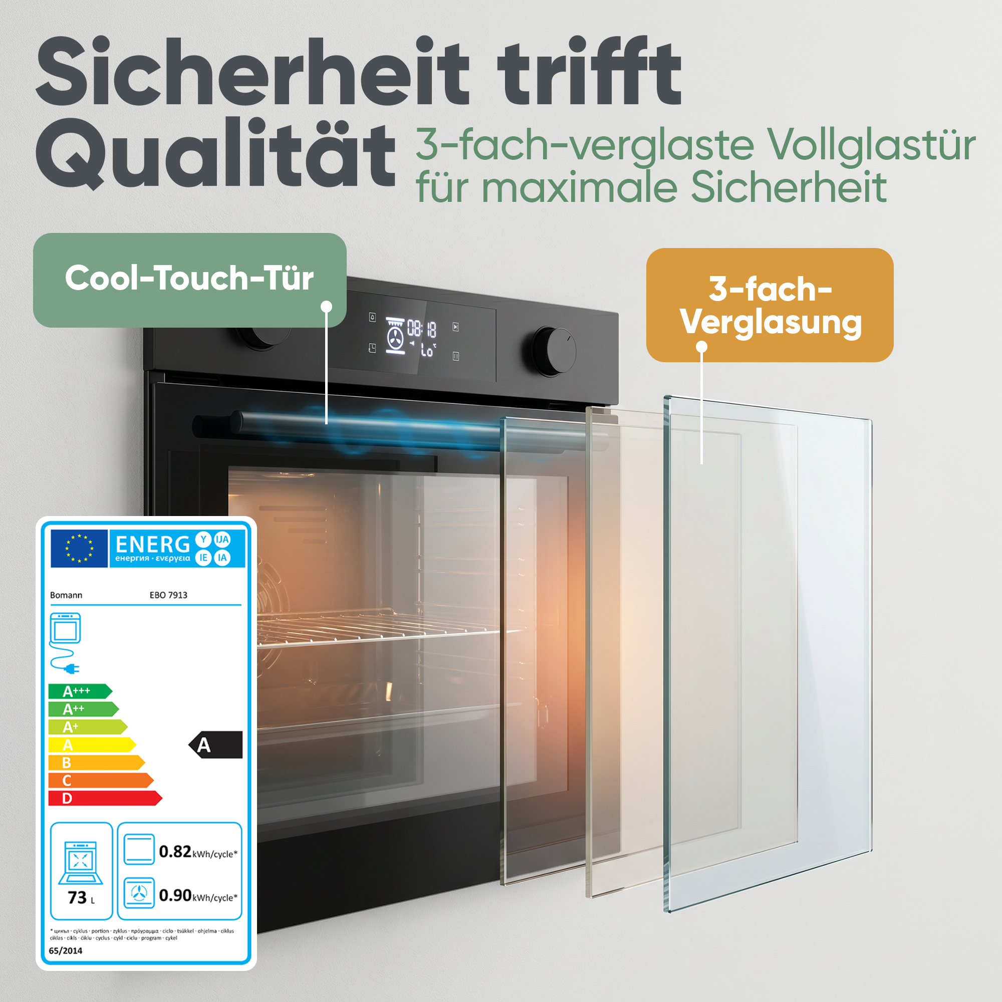 Ein moderner schwarzer Ofen mit 3-fach-Verglasung und Energieeffizienzlabel.