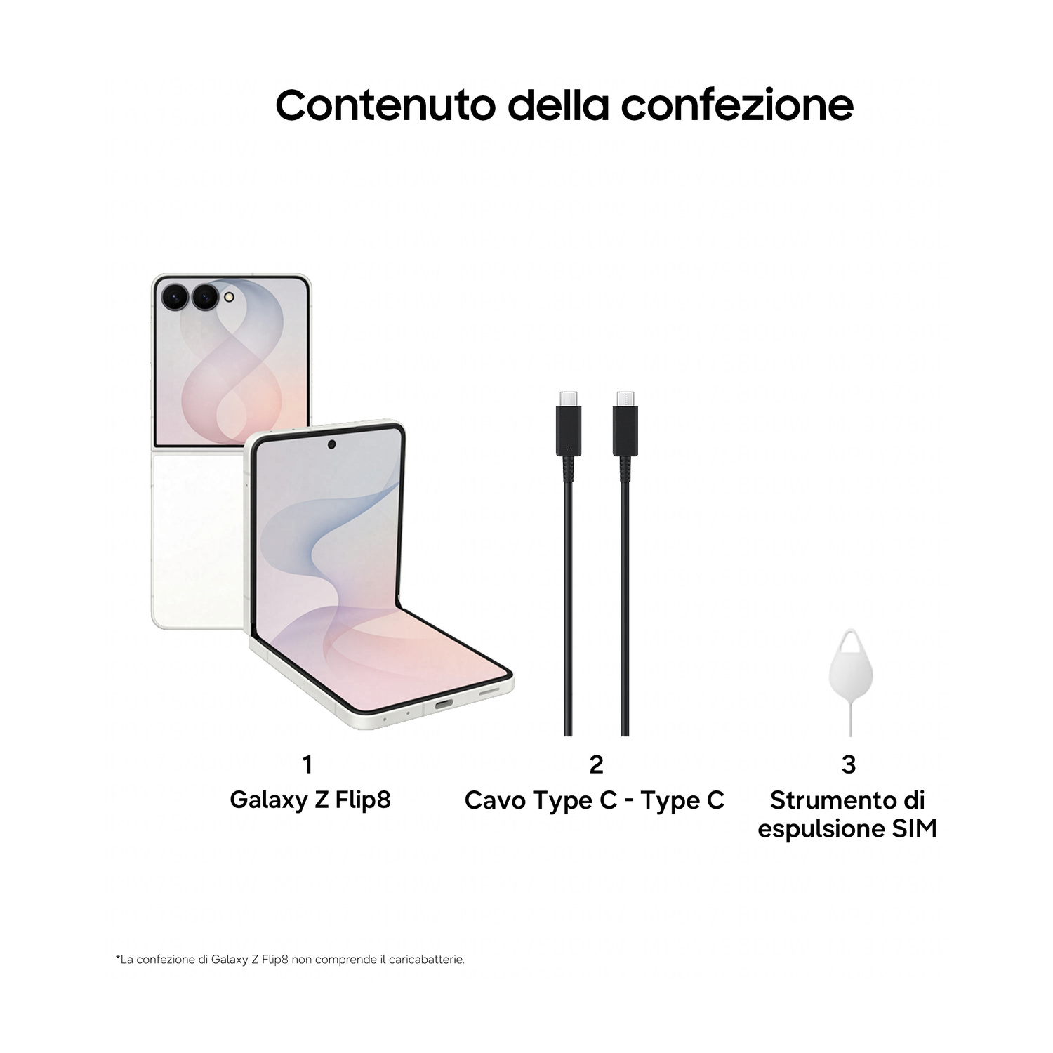 Contenuto della confezione: Galaxy Z Flip8, cavo USB-C, strumento SIM.