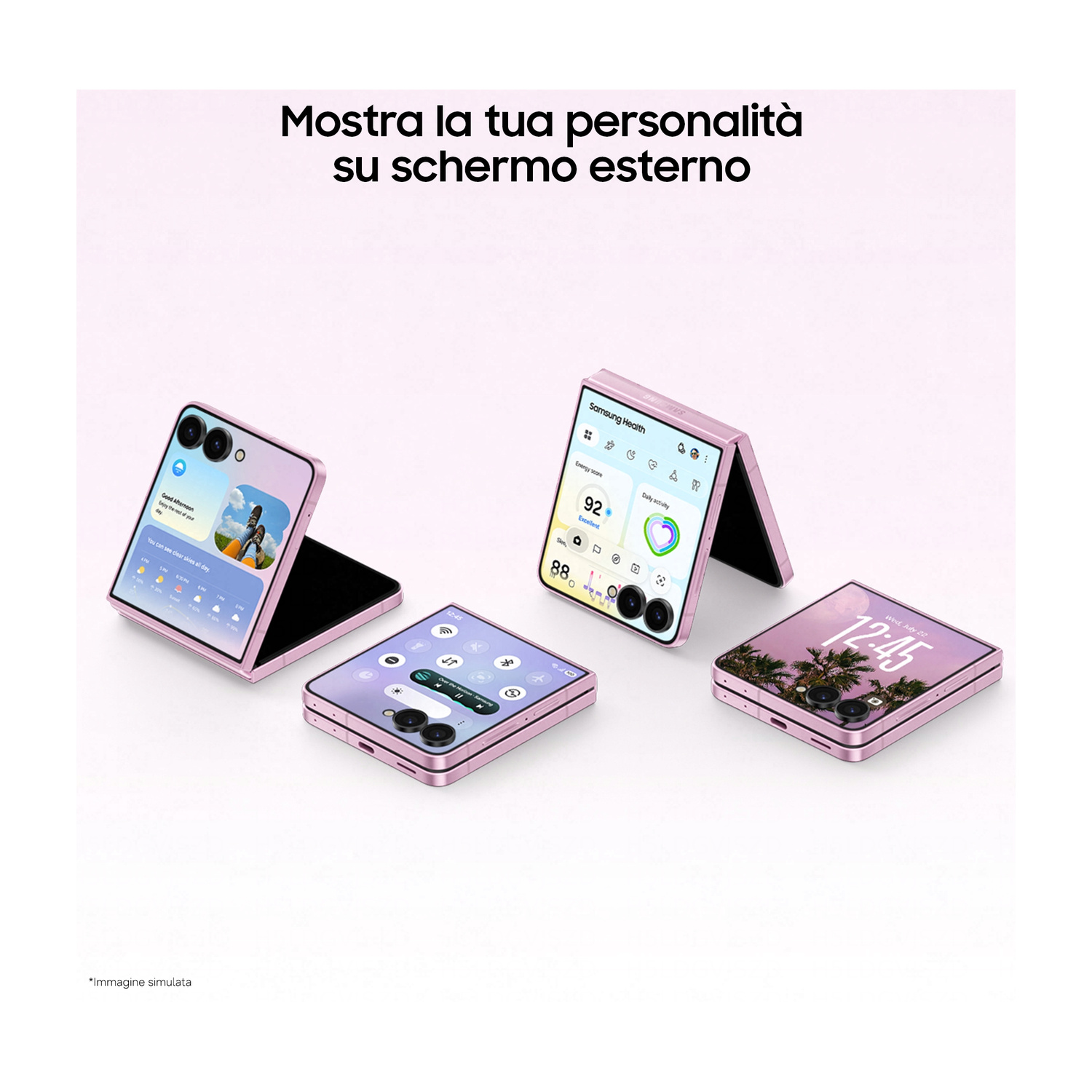Tre telefoni pieghevoli rosa che mostrano interfacce meteo, salute e orologio.
