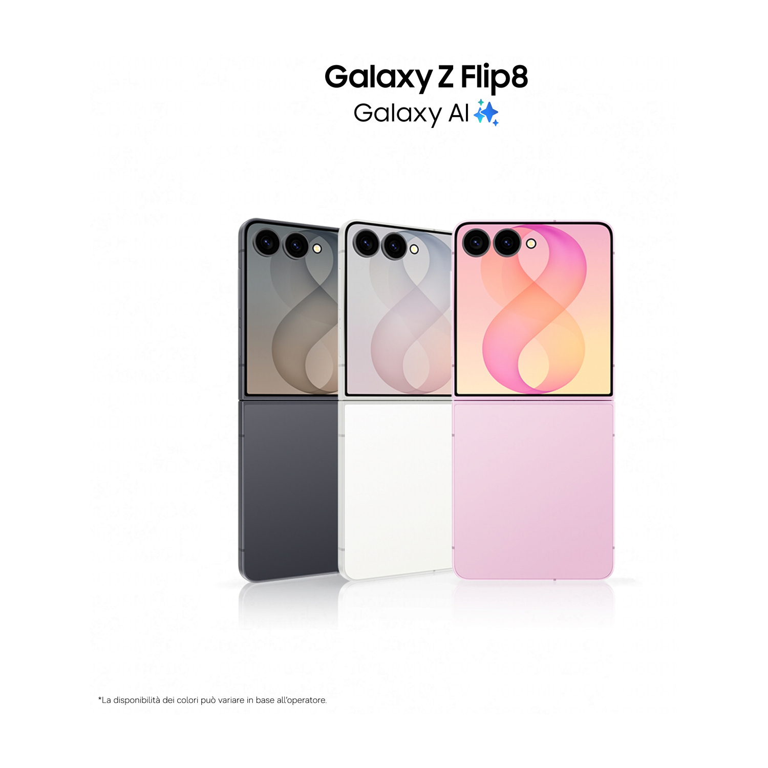 Tre telefoni Galaxy Z Flip8 grigi, bianchi e rosa su sfondo bianco.