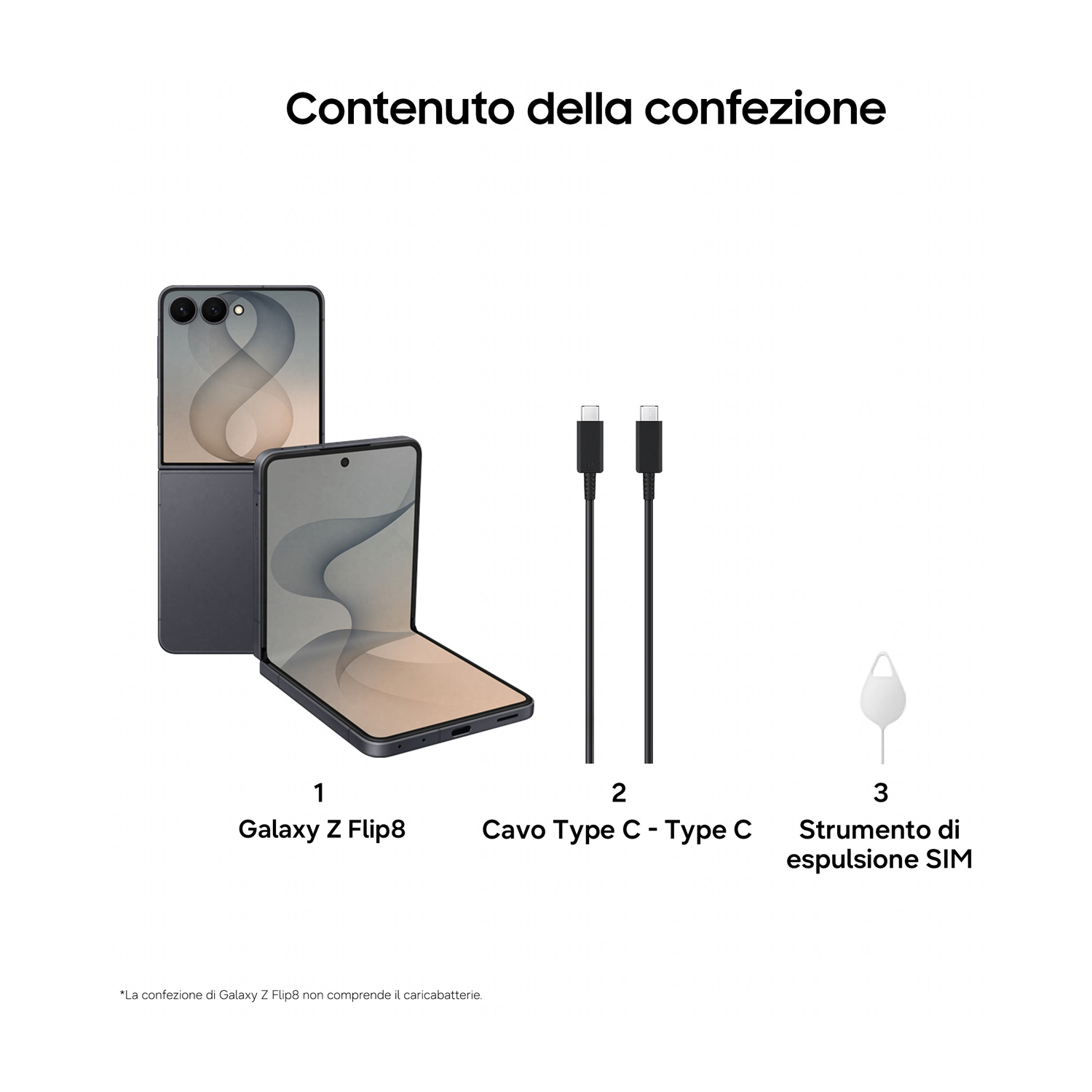 Contenuto della confezione: Galaxy Z Flip8, cavo Type-C, strumento espulsione SIM.