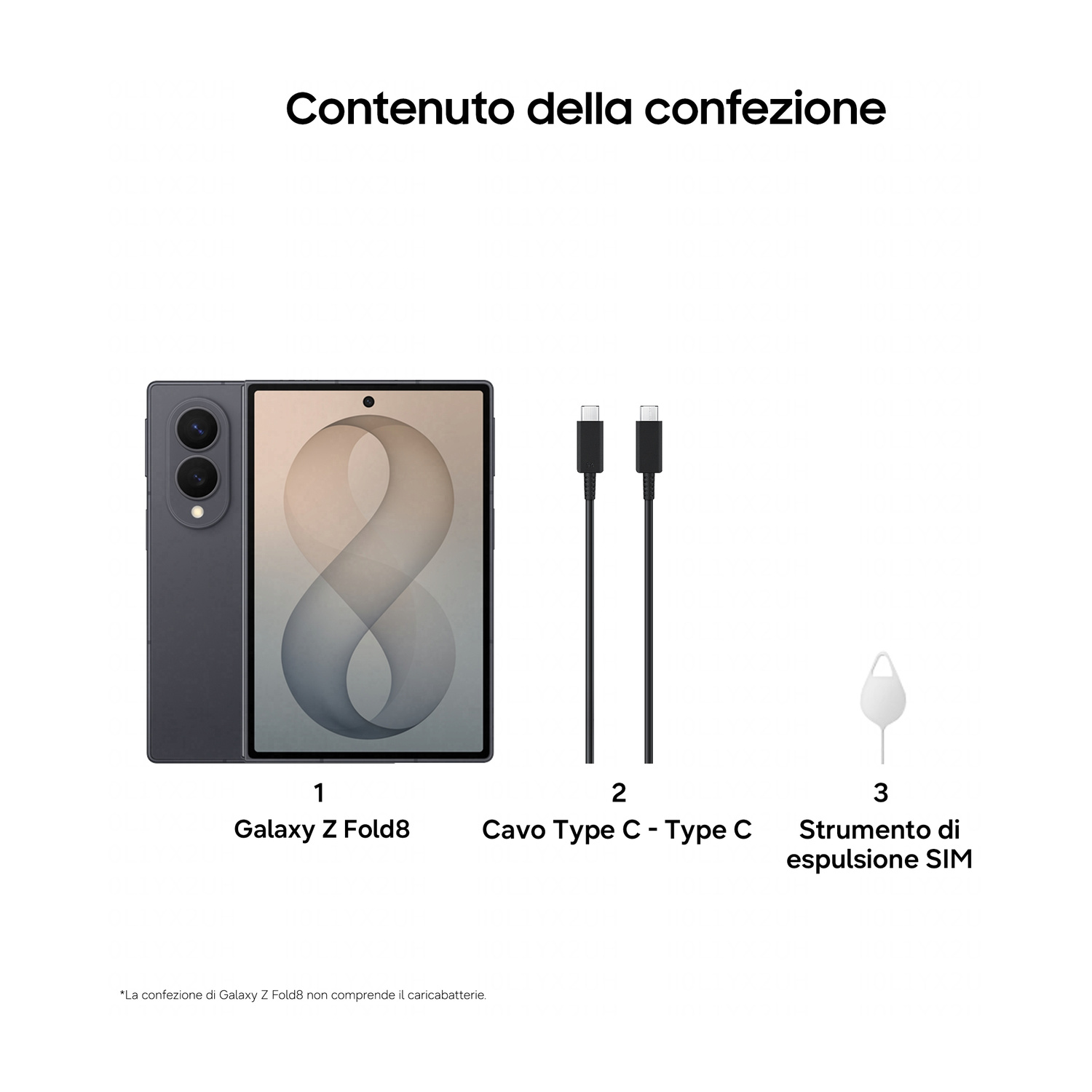 Contenuto confezione: Galaxy Z Fold8, cavo USB-C, strumento SIM.