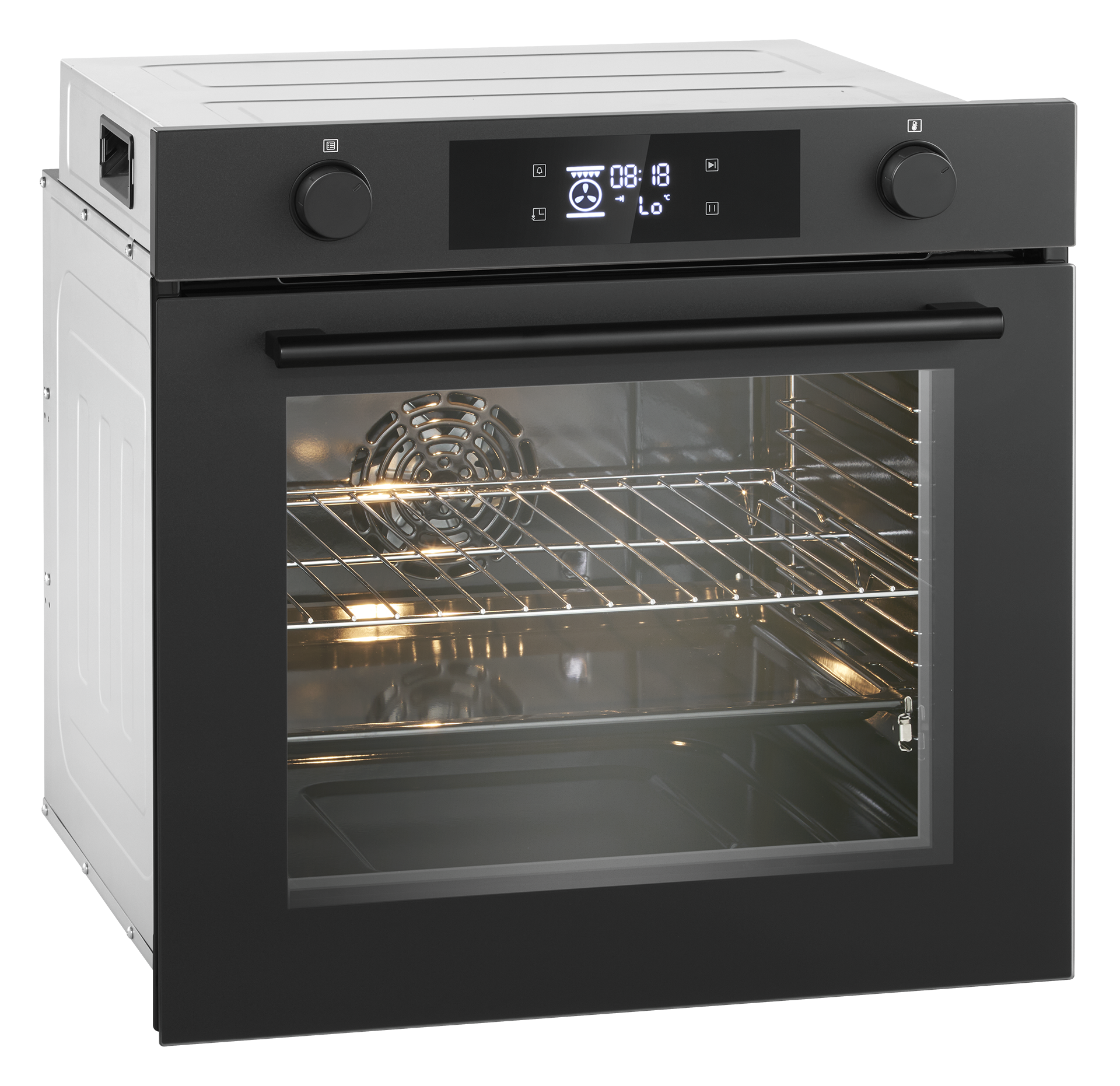 Ein moderner Einbaubackofen mit schwarzer Front und digitalem Display.