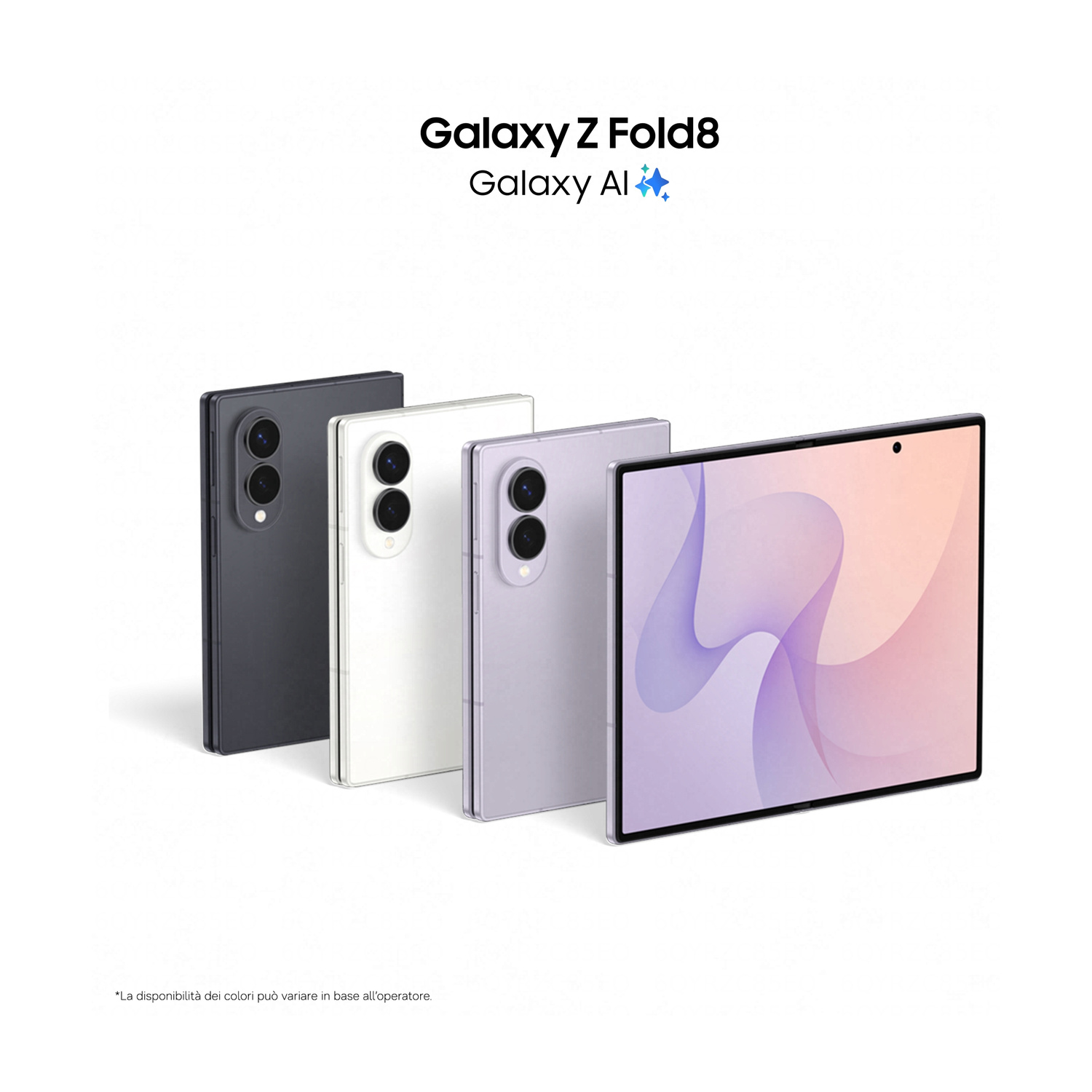 Quattro smartphone Samsung Galaxy Z Fold8 neri, bianchi e lilla su sfondo bianco.