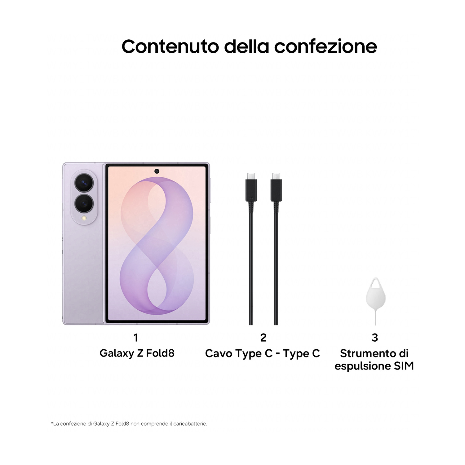 Telefono pieghevole viola, due cavi USB-C, strumento estrai SIM.