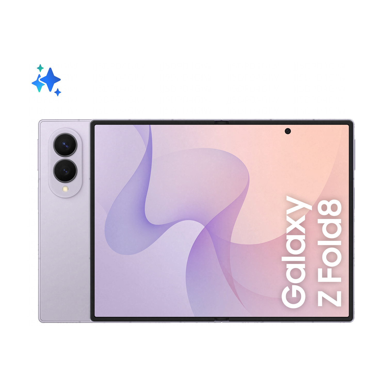 Uno smartphone Samsung Galaxy Z Fold 8 viola con doppia fotocamera posteriore.
