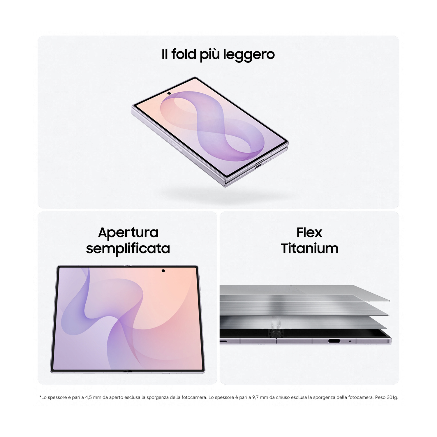 Uno smartphone pieghevole argentato, mostrato aperto e chiuso, con testo.