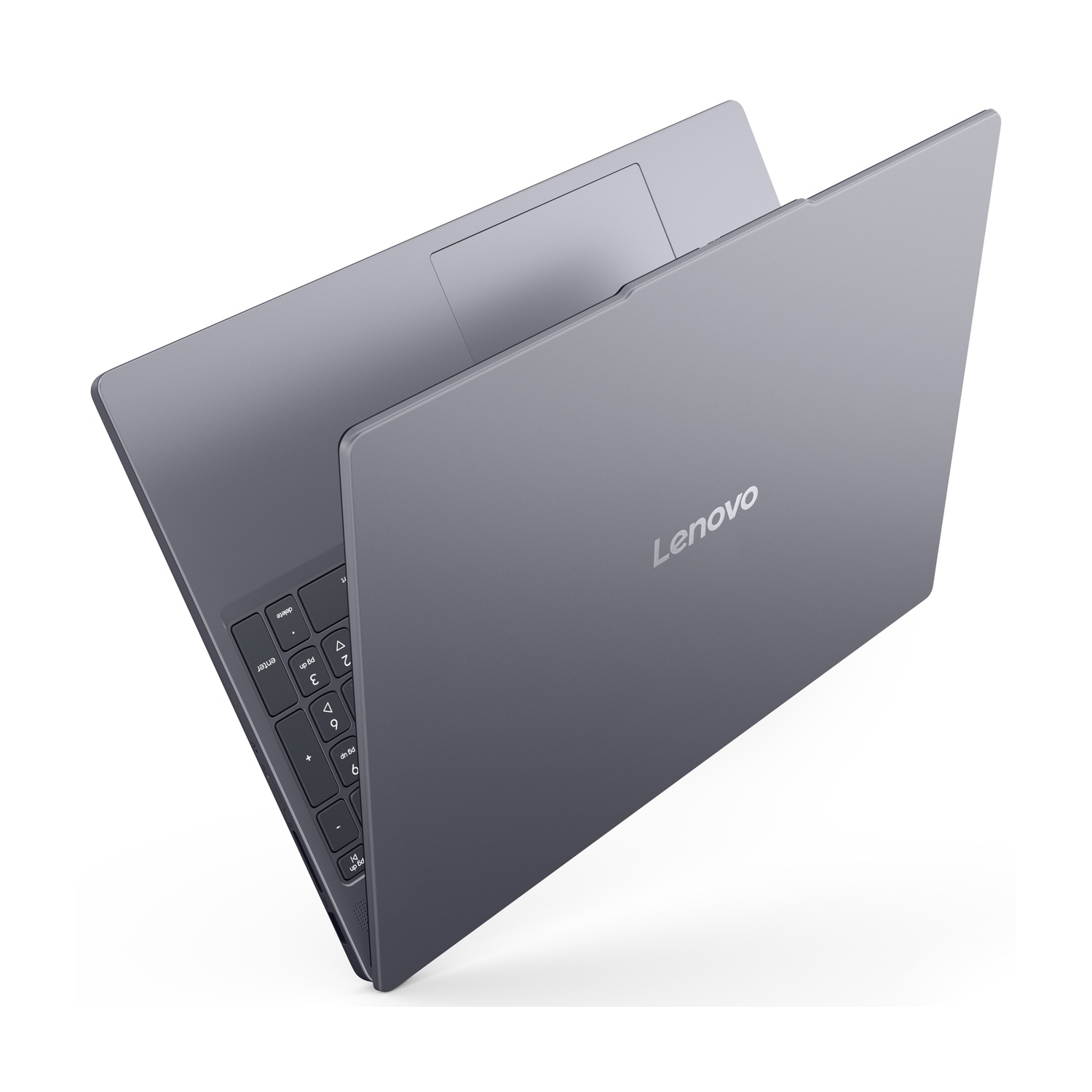 Un laptop Lenovo grigio chiuso che mostra tastiera e touchpad.