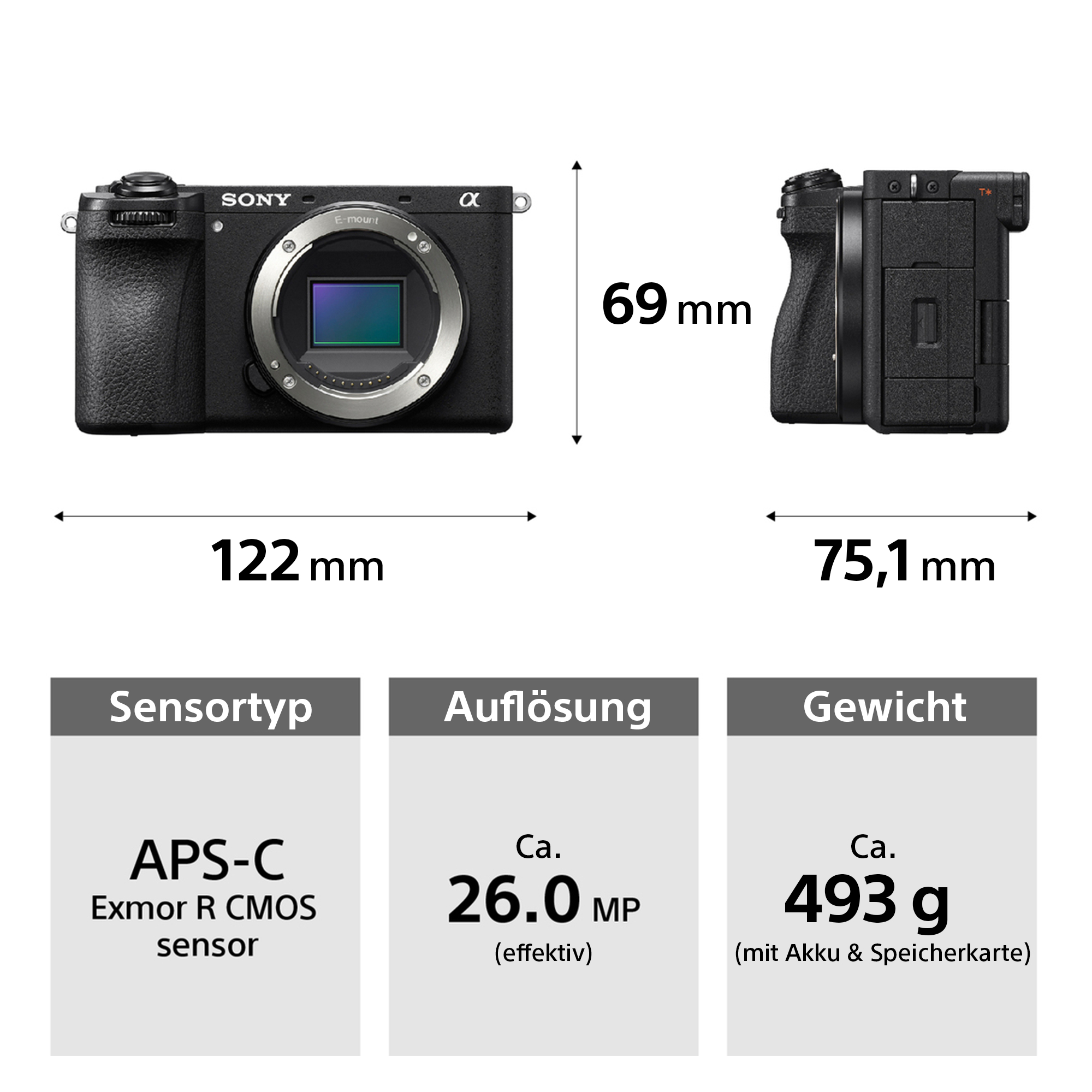 Sony Kamera: 122mm breit, 69mm hoch, 75.1mm tief. APS-C Sensor, 26MP, 493g.