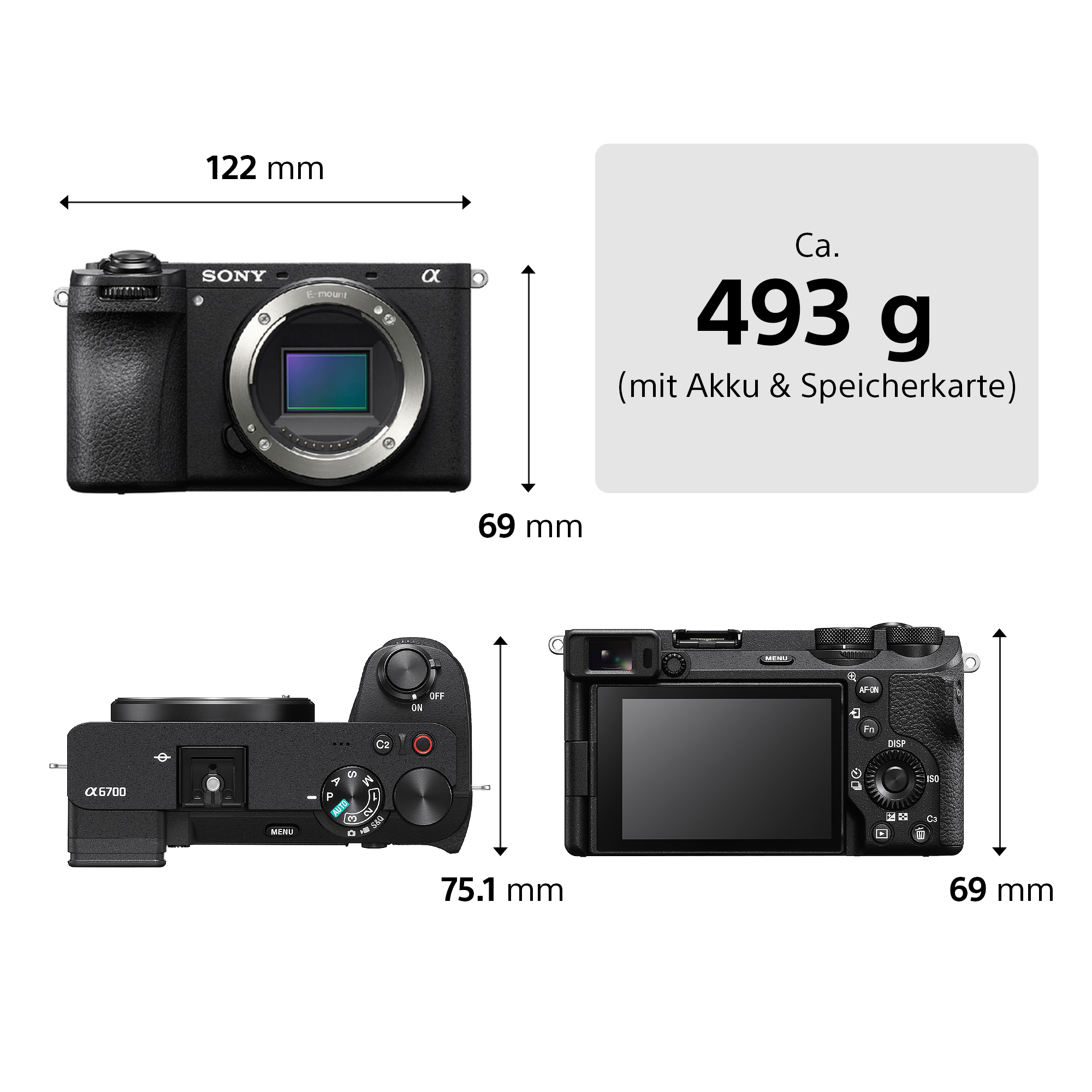 Sony Alpha 6700 Kamera: Vorder-, Ober-, Seiten- und Rückansicht mit Maßen.