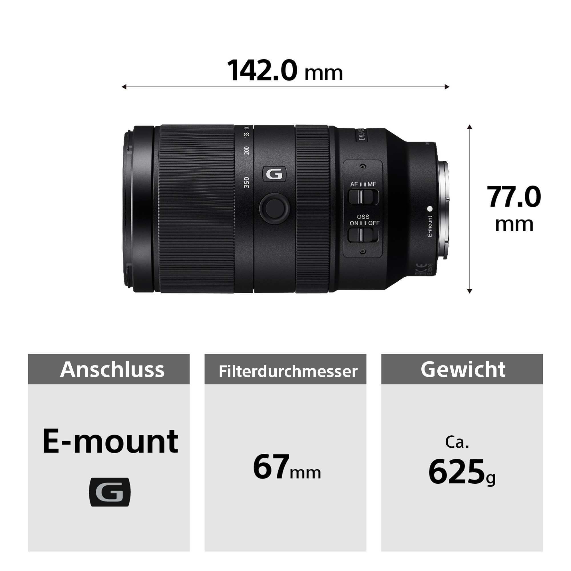 Sony E-Mount Kameraobjektiv: 142mm lang, 77mm breit, 67mm Filter, 625g.