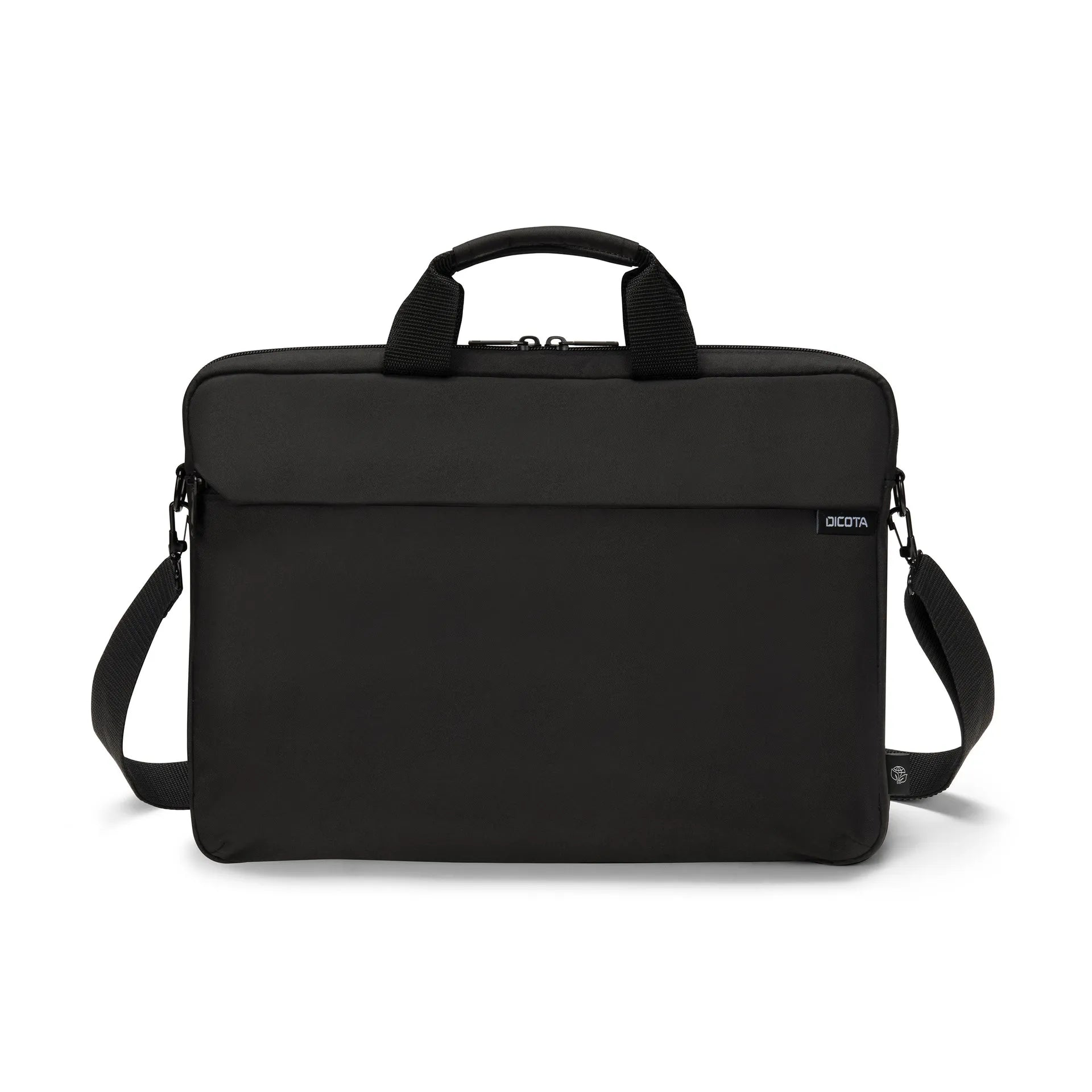 Fekete laptop táska fogantyúval és vállpánttal, fehér háttéren.