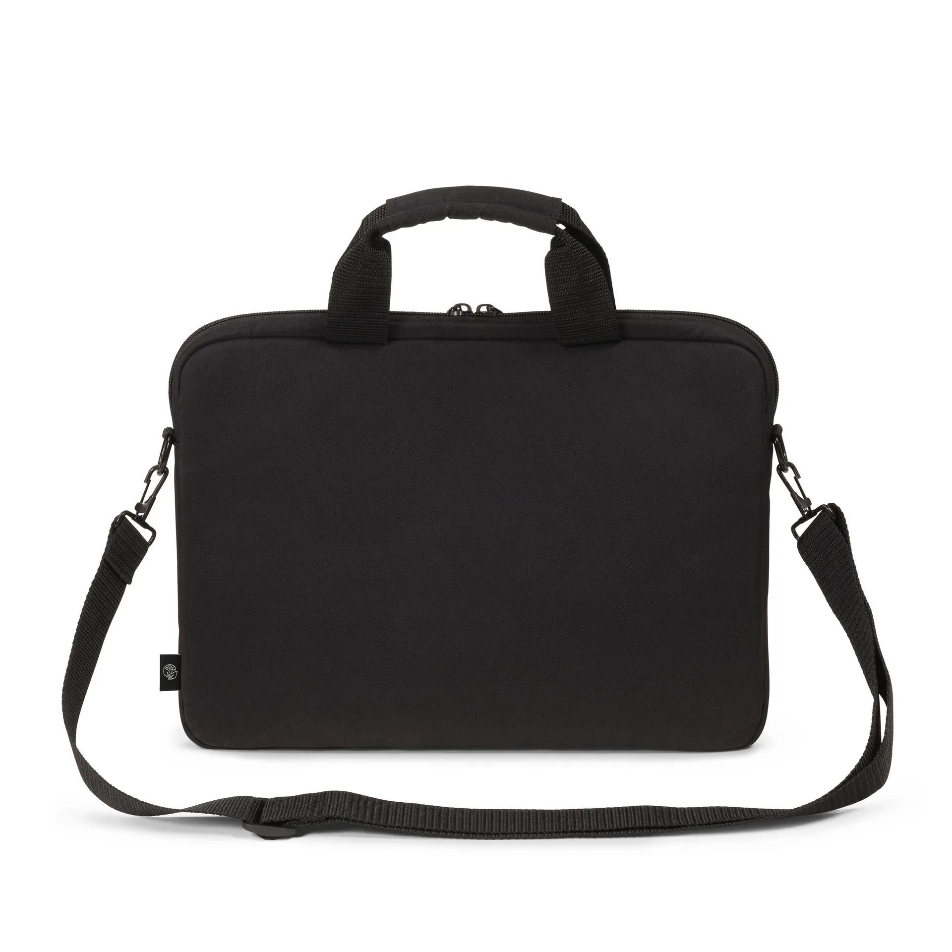Fekete laptop táska fogantyúkkal és vállpánttal.