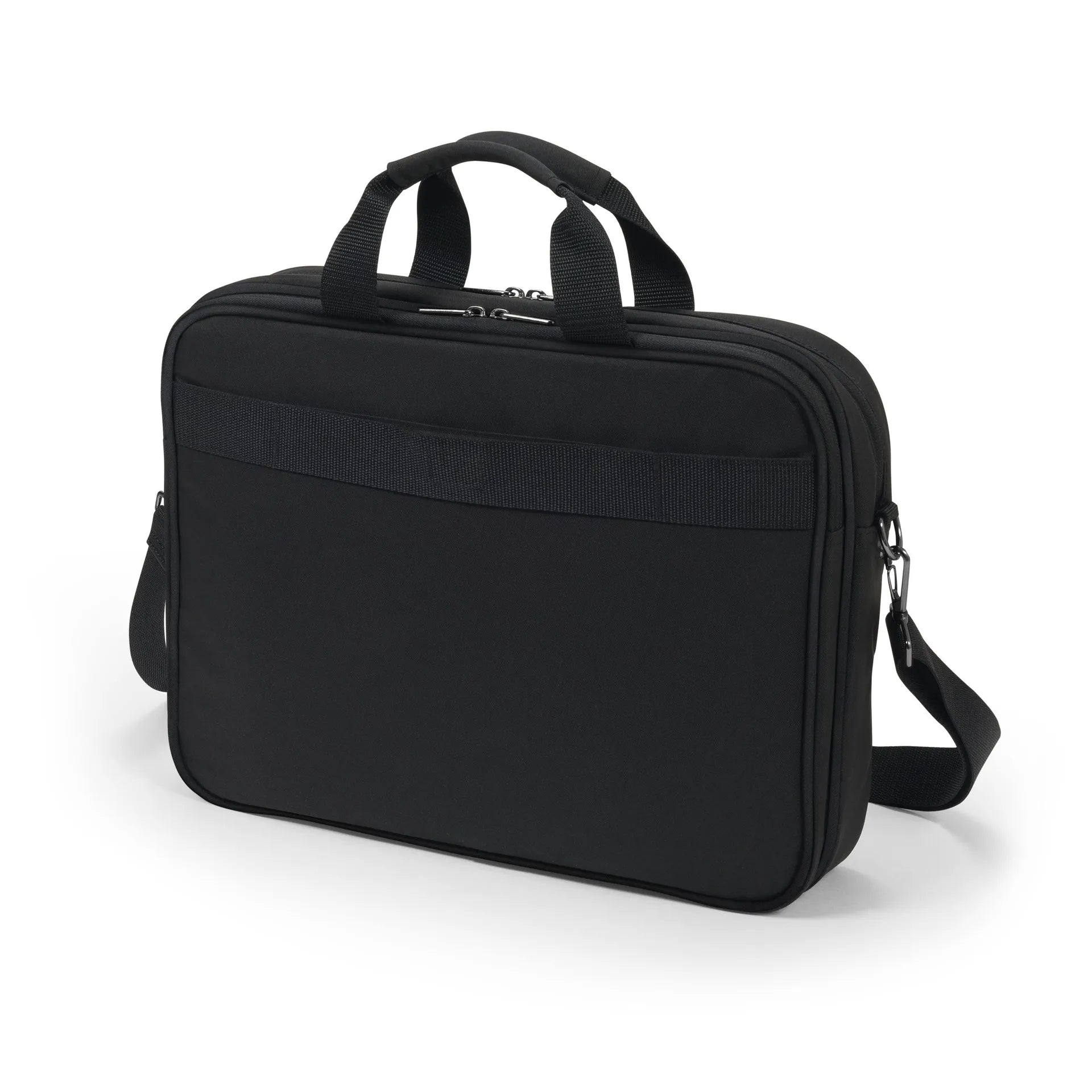 Fekete laptop táska fogantyúkkal és vállpánttal, fehér háttéren.