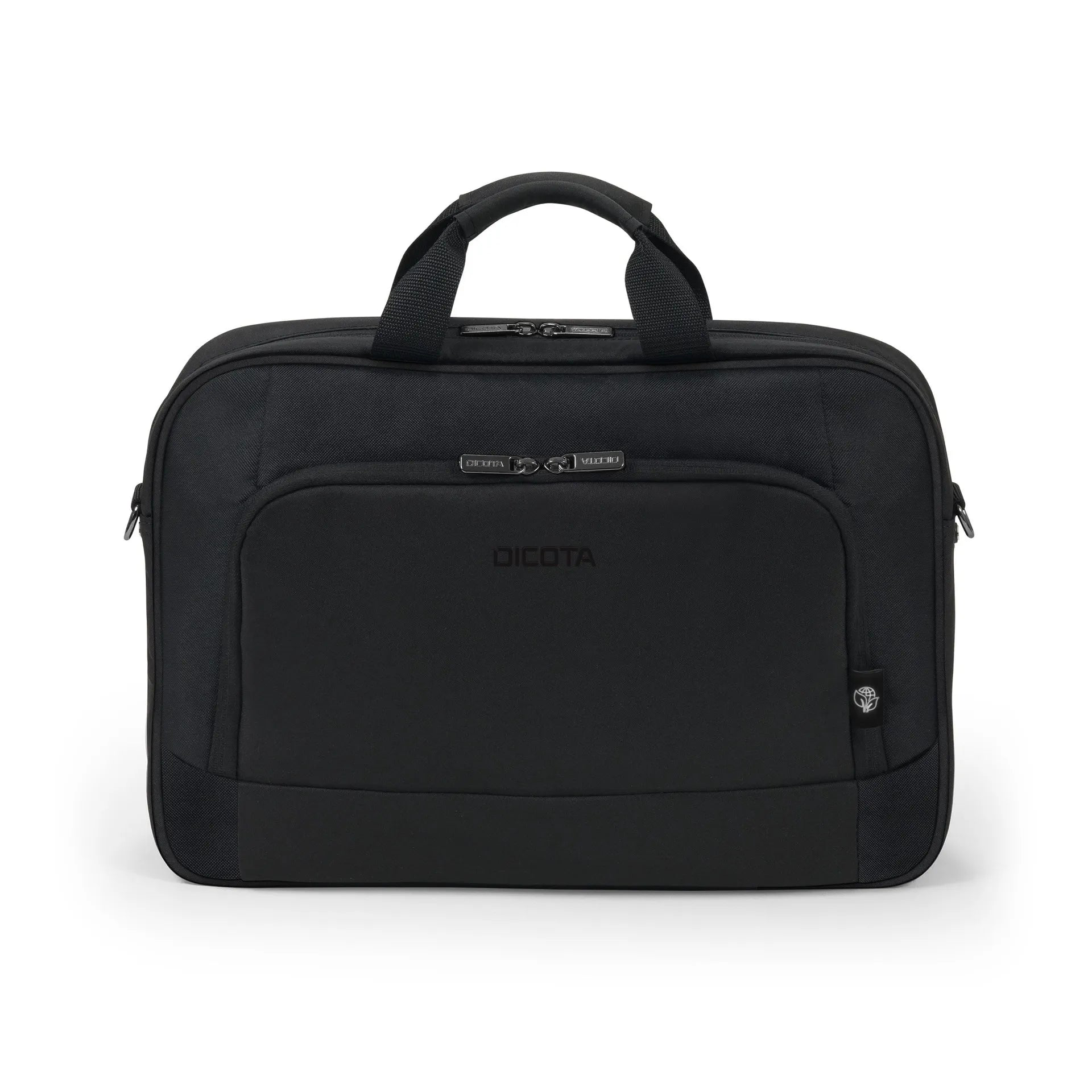 Fekete laptoptáska fogantyúkkal és cipzáras zsebekkel.