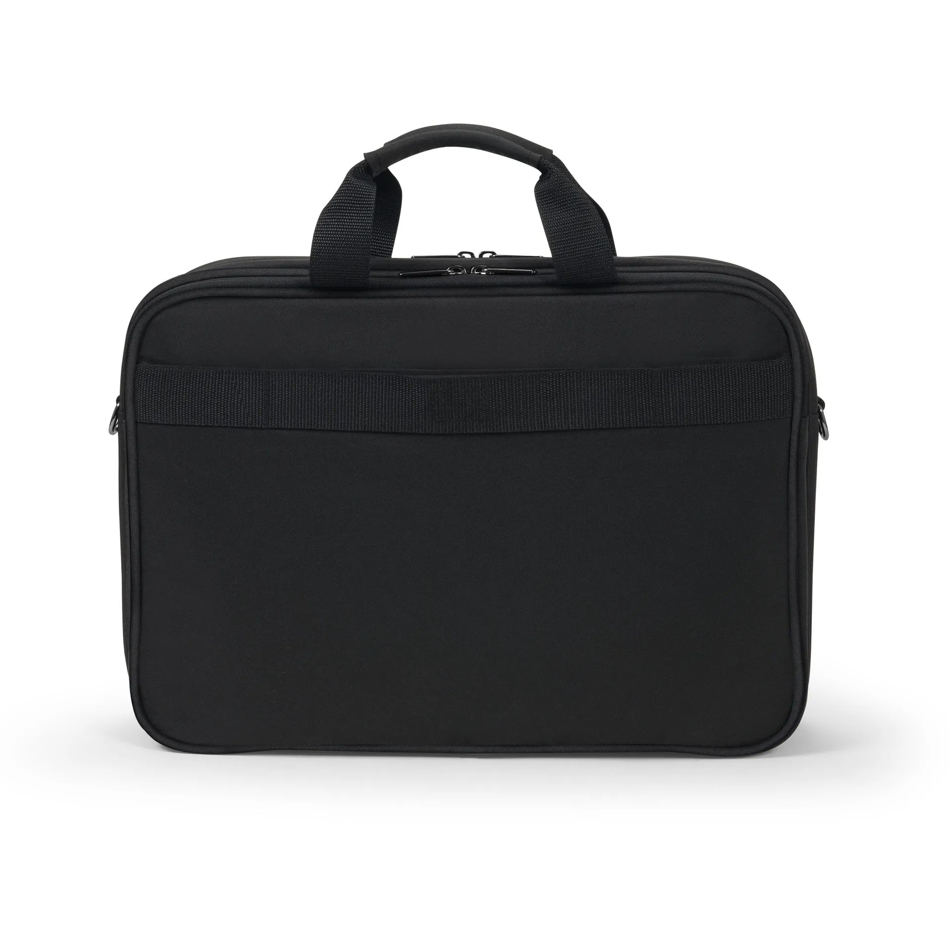 Fekete laptoptáska két fogantyúval és cipzáras záródással.