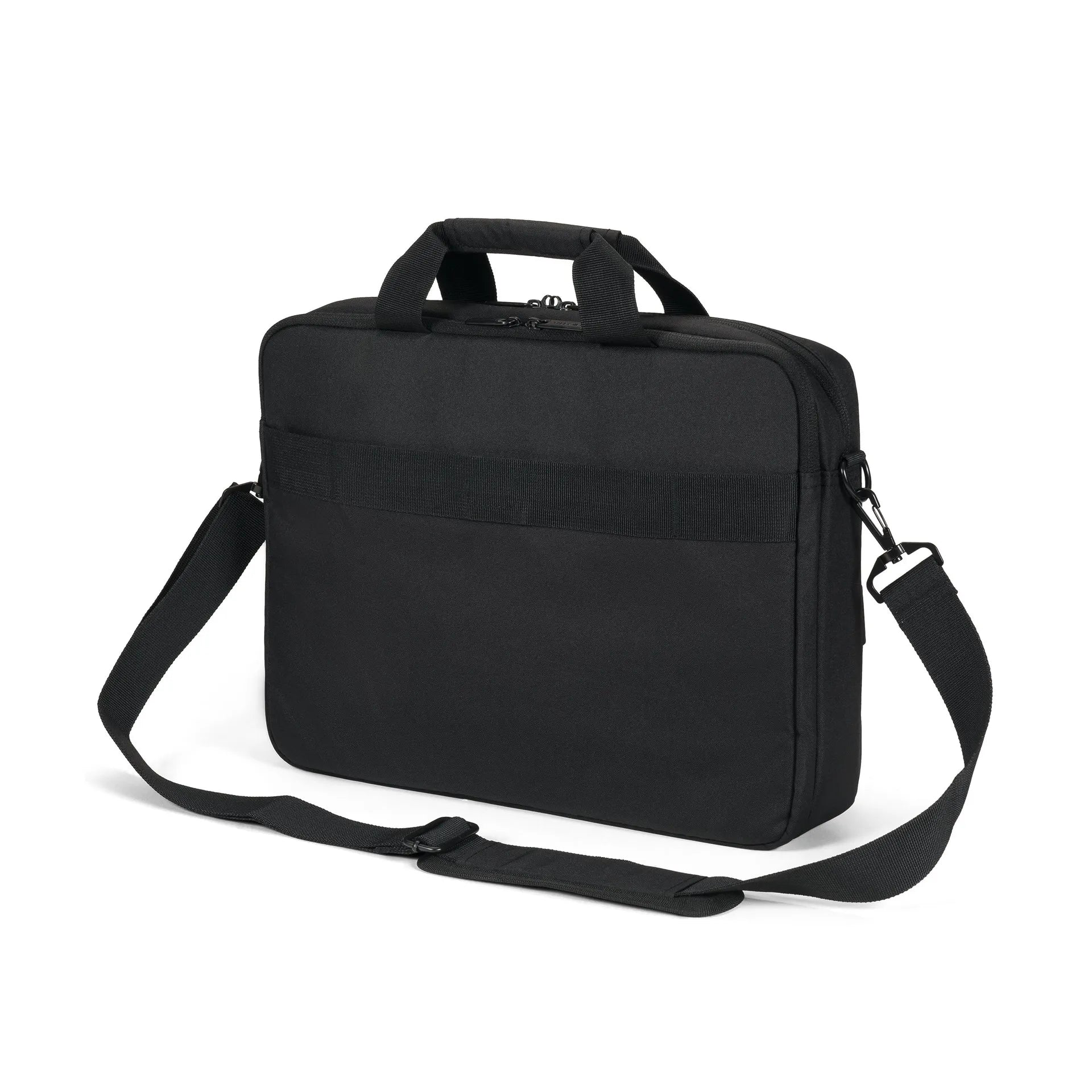 Fekete laptoptáska fogantyúkkal és állítható vállpánttal.