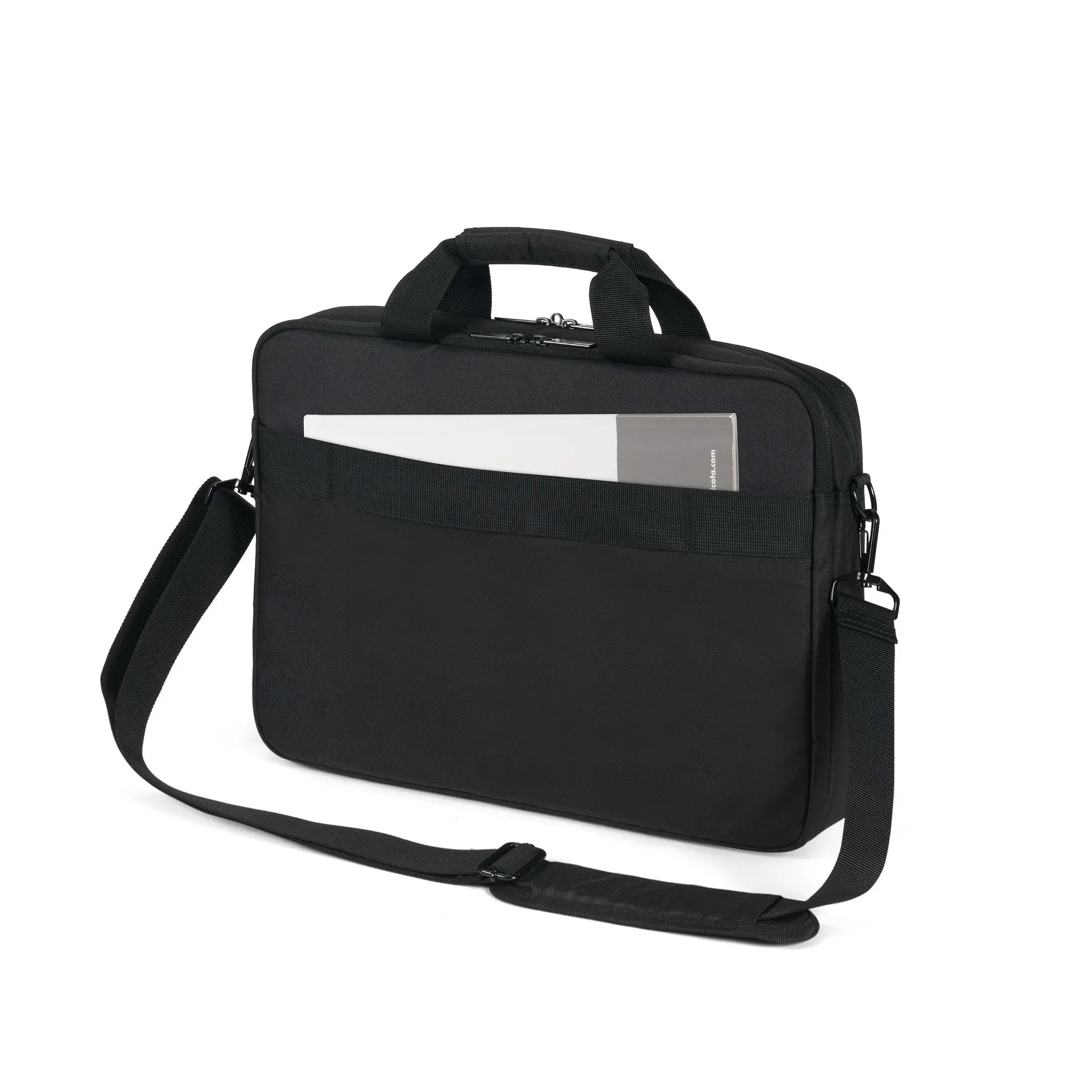 Fekete laptop táska két fogantyúval, vállpánttal és külső zsebbel.