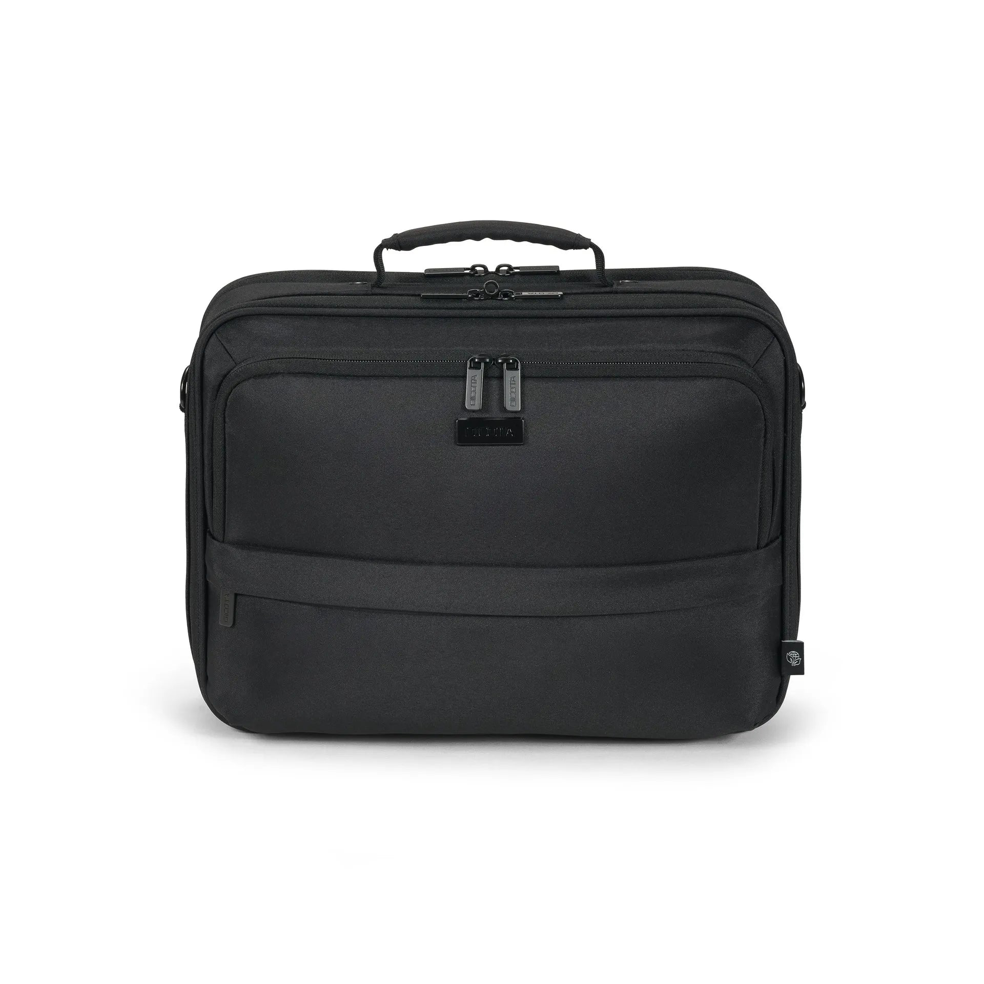 Fekete laptop táska fogantyúval és cipzárral.