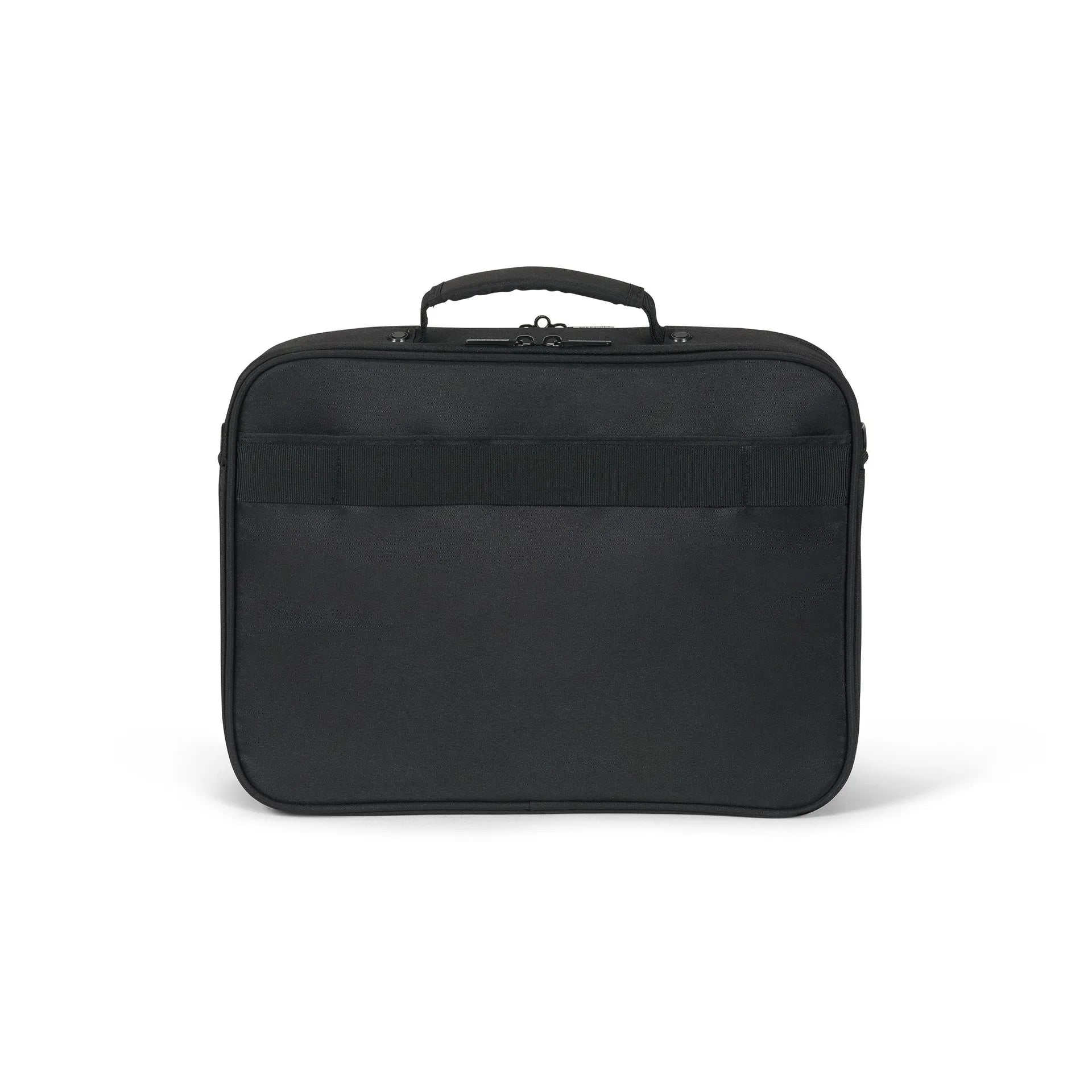 Fekete laptop táska fogantyúval és előlpánttal.