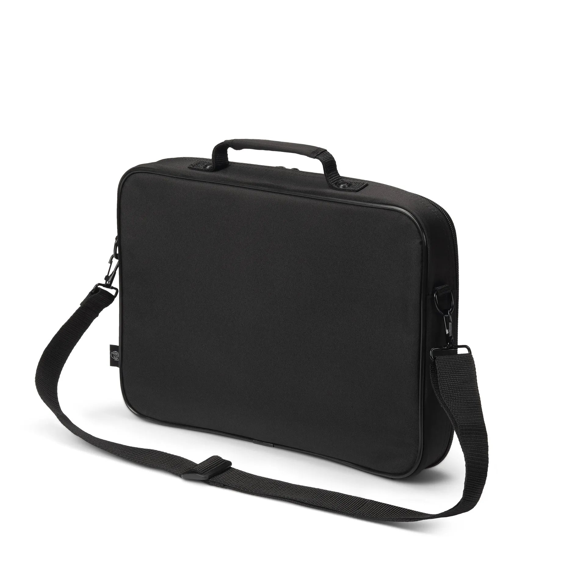 Fekete laptoptáska fogantyúval és vállpánttal.