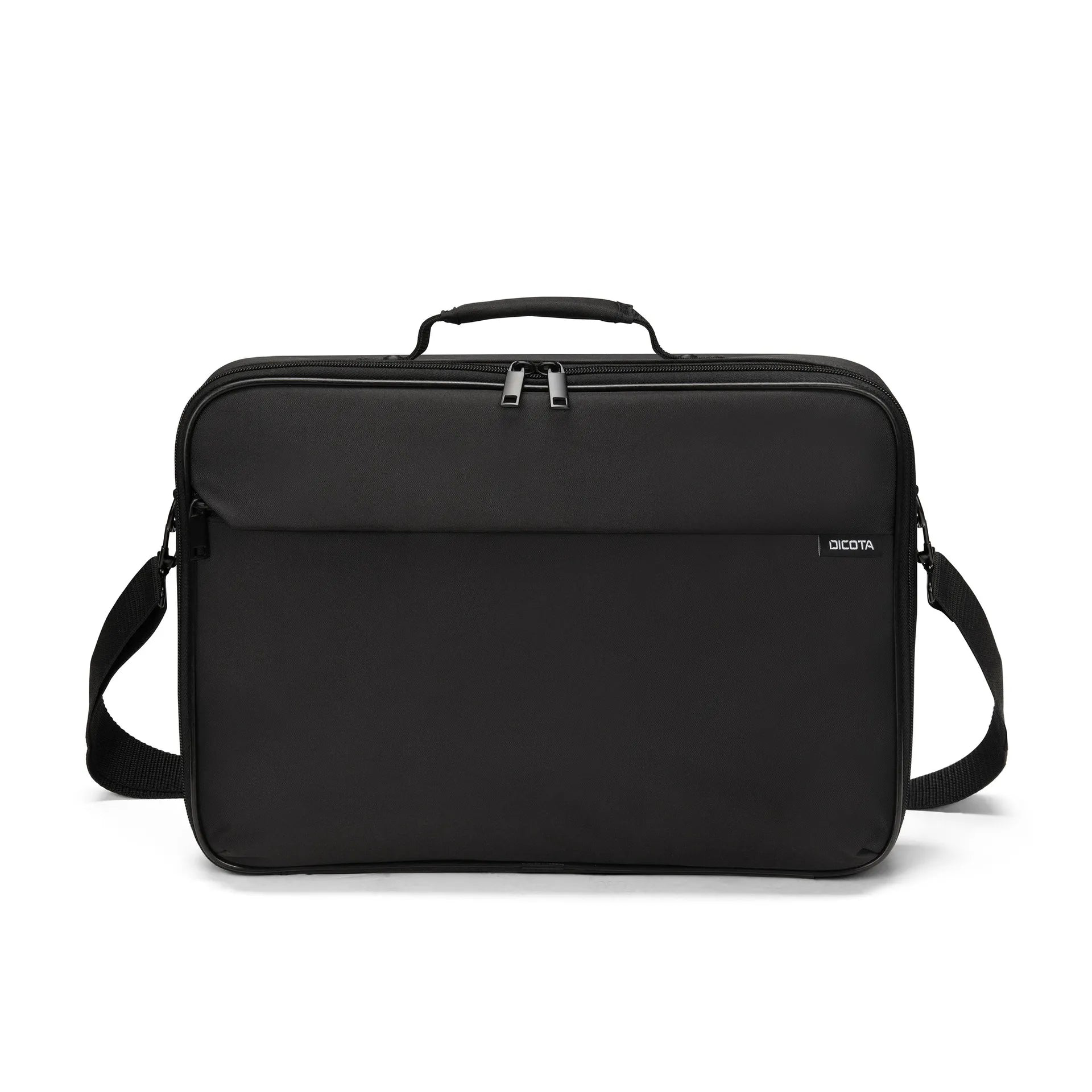 Fekete laptop táska fogantyúval és vállpánttal, DICOTA logó.